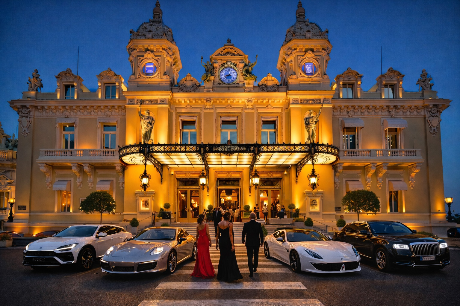 Abendstimmung vor dem Casino von Monte Carlo mit vier Luxusautos und elegant gekleideten Gästen, die den beleuchteten Haupteingang betreten.