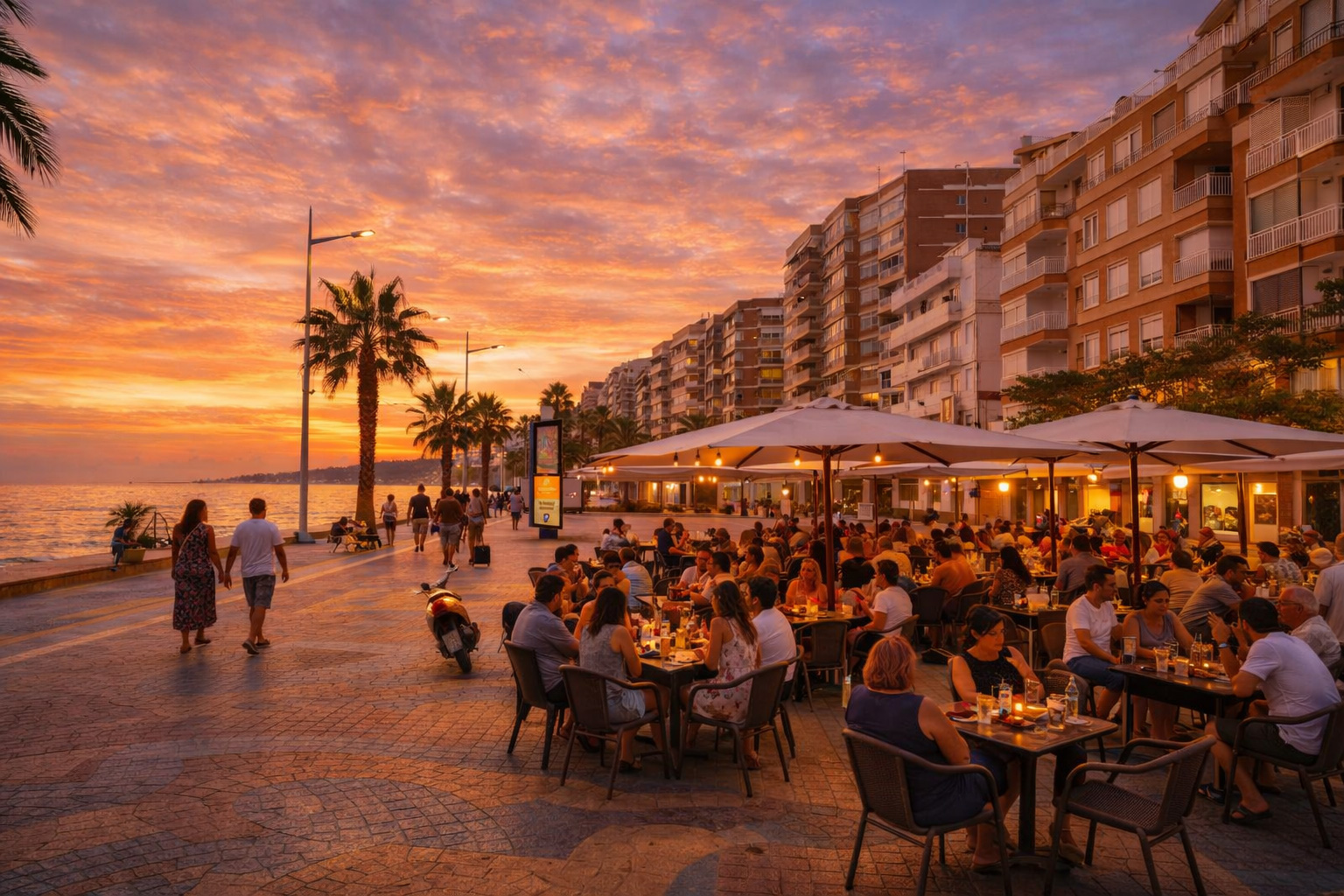 Sonnenuntergang am P.º de la Constitución in Águilas mit palmengesäumter Promenade am Meer, einem lebhaften Straßencafé voller Gäste, warm leuchtender Beleuchtung und mehreren Spaziergängern, die entlang der Uferpromenade flanieren, während der Himmel in Orange- und Rosatönen über dem Wasser glüht.
