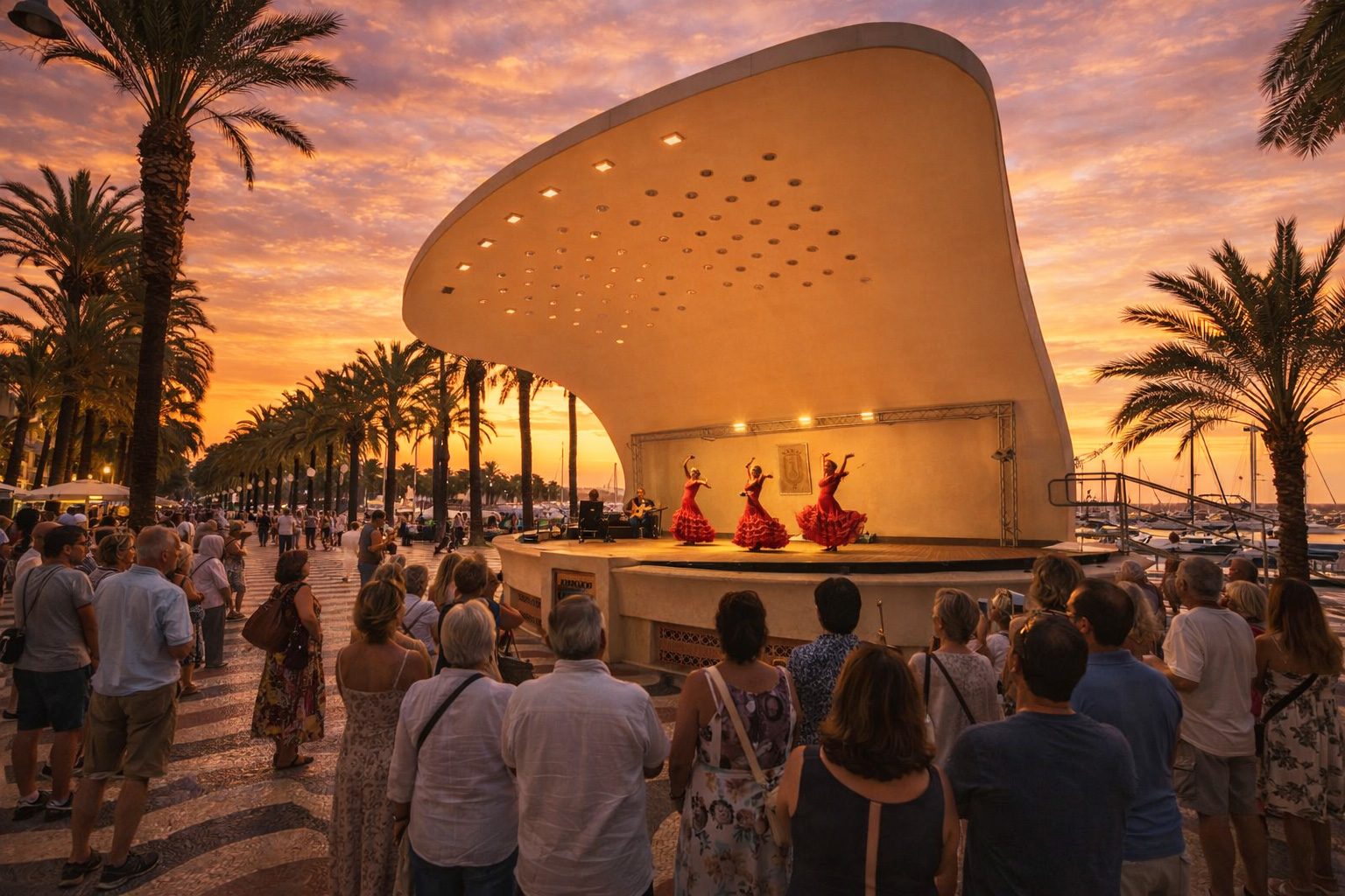 Sonnenuntergang am Auditorio la Concha in Alicante mit beleuchteter Bühne, auf der eine Flamenco-Tanzvorstellung stattfindet, während stehende Zuschauer die Show auf der palmengesäumten Promenade verfolgen und der Himmel über dem Hafen in warmen Orange- und Rosatönen leuchtet.