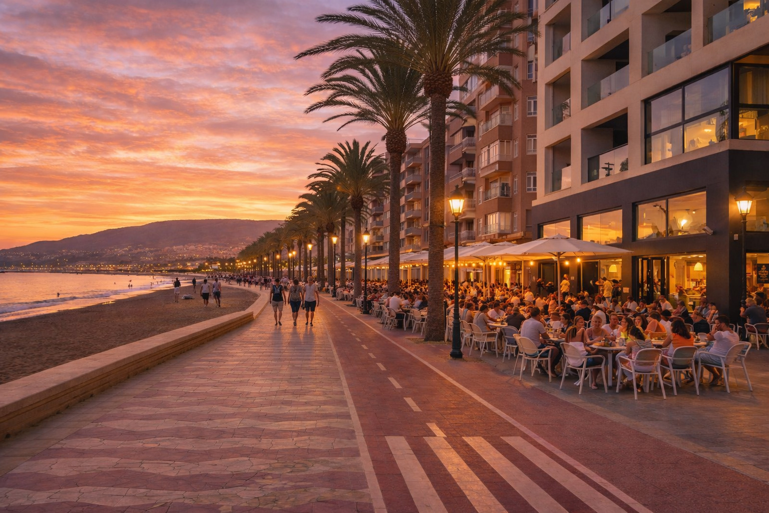 Sonnenuntergang am P.º Marítimo Carmen de Burgos in Almería mit palmengesäumter Strandpromenade, belebtem Straßencafé rechts voller Gäste, warm beleuchteten Fenstern und eingeschalteten Laternen, während Spaziergänger entlang der Uferpromenade flanieren und das Meer im goldenen Abendlicht schimmert.