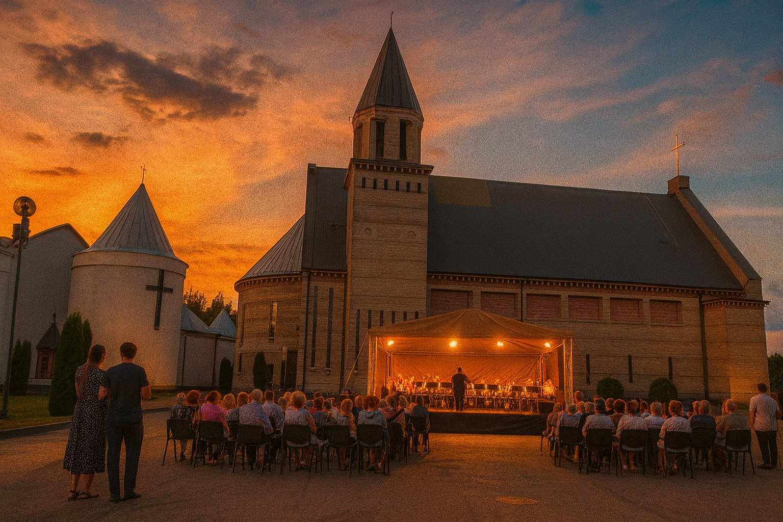 Früher Abend in Alytus mit malerischen Wolken, Blasmusik-Konzert vor der Kirche, Zuschauer sitzen und hören zu.