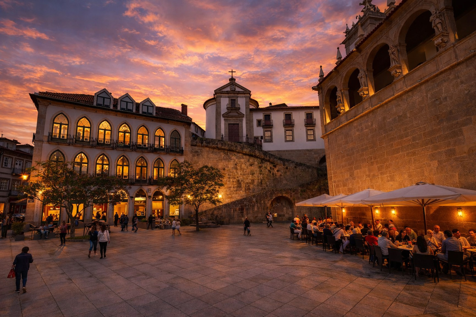 Belebter Platz mit historischer Steinarchitektur, beleuchteten Fenstern und Straßencafé, Spaziergängern und warmem Abendlicht unter farbigem Sonnenuntergangshimmel