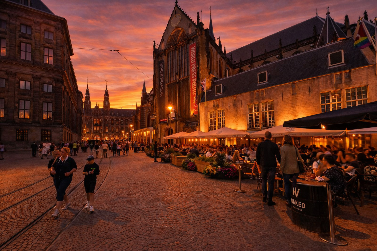 Weitläufiger Platz mit Kopfsteinpflaster und Straßenbahnschienen, gotische Kirchenfassade mit hohen Fenstern und Bannern, warm beleuchtete Gebäude und eingeschaltete Laternen, belebtes Straßencafé unter hellen Sonnenschirmen mit vielen Gästen, Spaziergänger im orangefarbenen Sonnenuntergang.