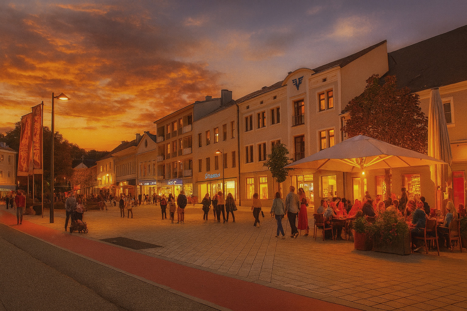 Abendstimmung am Hauptplatz in Amstetten mit beleuchtetem Straßencafé, hell erleuchteten Fassaden, Spaziergängern und warmem Sonnenuntergangshimmel.