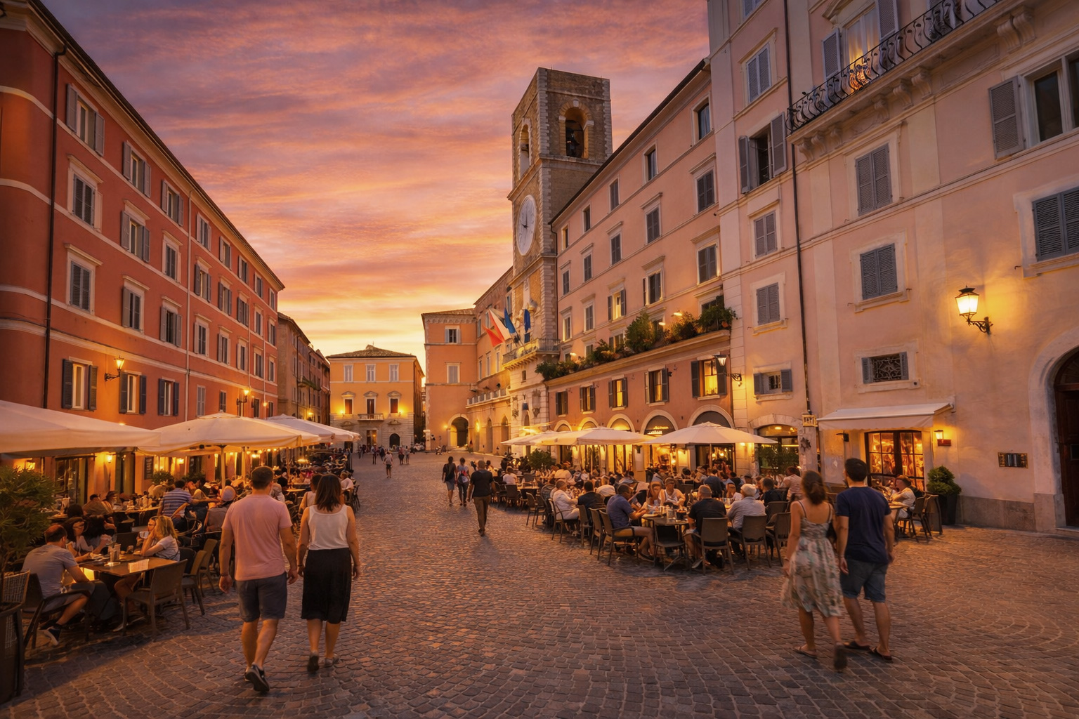 Sonnenuntergangsstimmung auf der Piazza del Plebiscito in Ancona mit belebten Straßencafés, vielen Spaziergängern, warm beleuchteten Fassaden und dem historischen Uhrturm unter einem farbenreichen Abendhimmel.