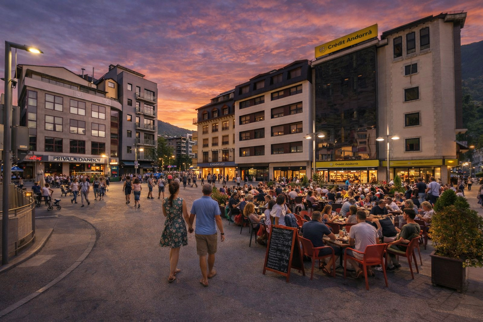 Abendstimmung auf der Plaça Rebés in Andorra la Vella bei Sonnenuntergang, mit belebtem Straßencafé rechts ohne Schirme und ohne Absperrungen, warm beleuchteten Schaufenstern und eingeschalteter Straßenbeleuchtung, während zahlreiche Spaziergänger über den Platz zwischen modernen Gebäuden vor der Bergkulisse flanieren.