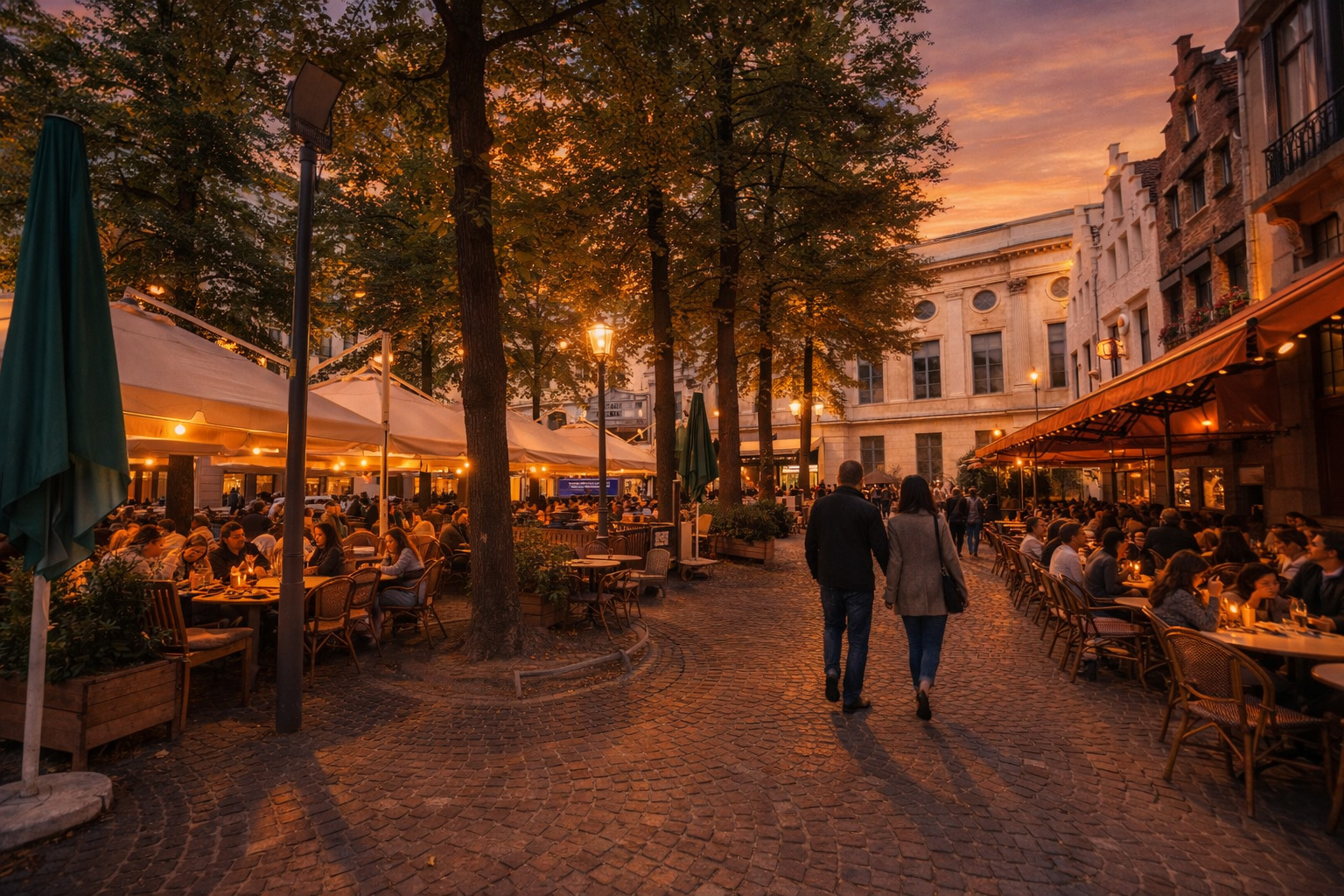 Kopfsteinpflasterplatz unter hohen Bäumen mit belebten Straßencafés links und rechts, Gäste sitzen an Tischen unter hellen Sonnenschirmen, warmes Licht aus Fenstern und Lokalen, eingeschaltete Laternen und Spaziergänger im goldenen Sonnenuntergang.