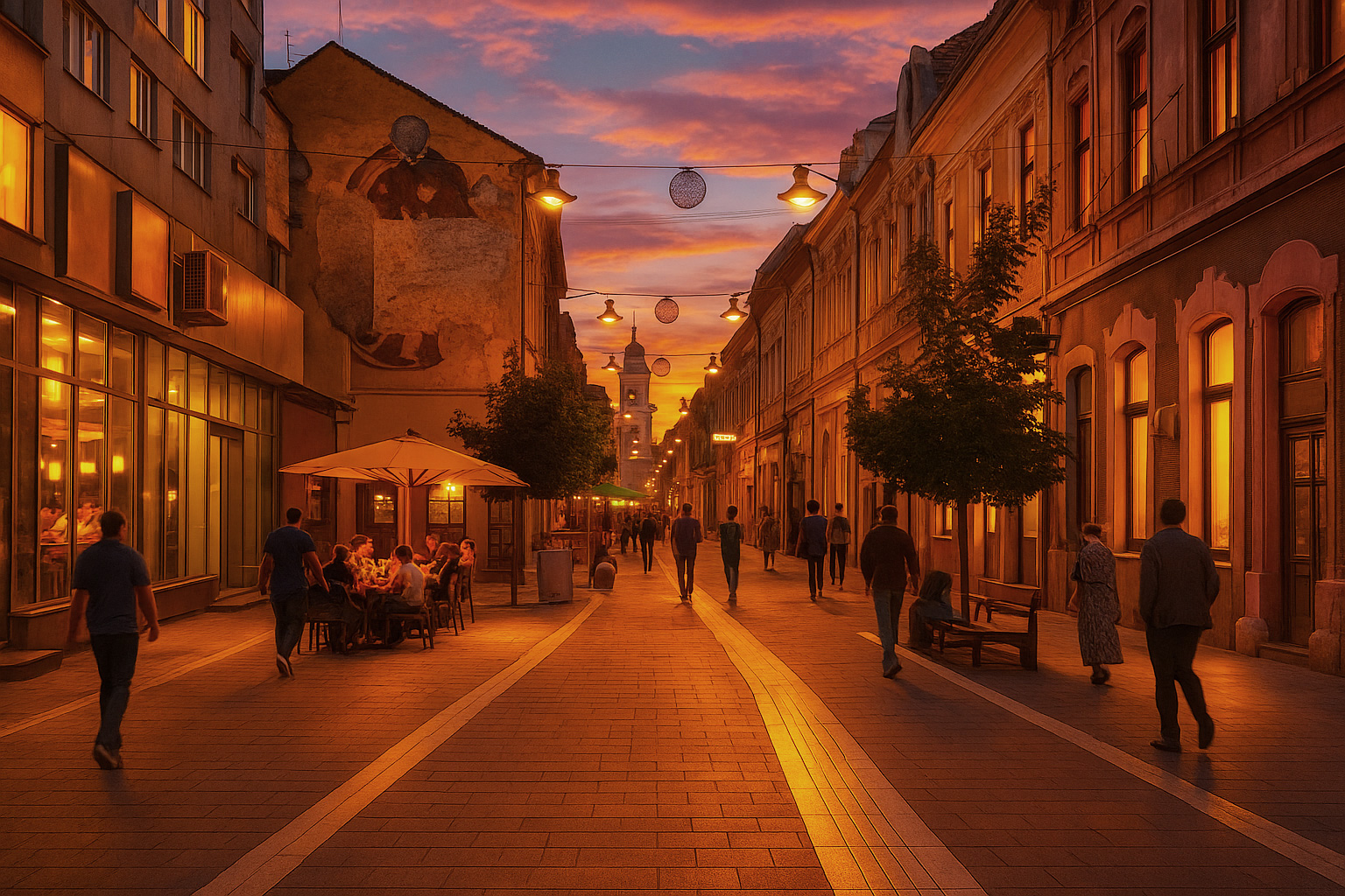 Abendstimmung in der Altstadt von Arad mit Spaziergängern, einem Straßencafé links, warm beleuchteten Fenstern und einer stärker erleuchteten Fußgängerzone unter malerischem Sonnenuntergangshimmel.