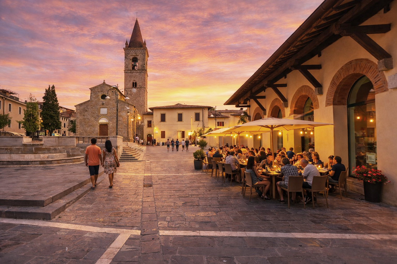Sonnenuntergang auf der Piazza di Sant’Agostino in Arezzo mit belebtem Straßencafé auf der rechten Seite und Spaziergängern auf dem historischen Platz