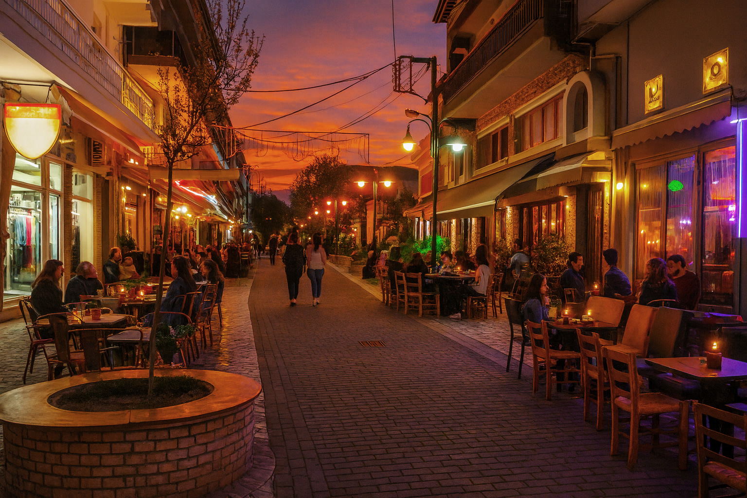 Abendstimmung in der Fußgängerzone von Argos Orestiko mit beleuchtetem Straßencafé und Spaziergängern unter einem malerischen Sonnenuntergang.