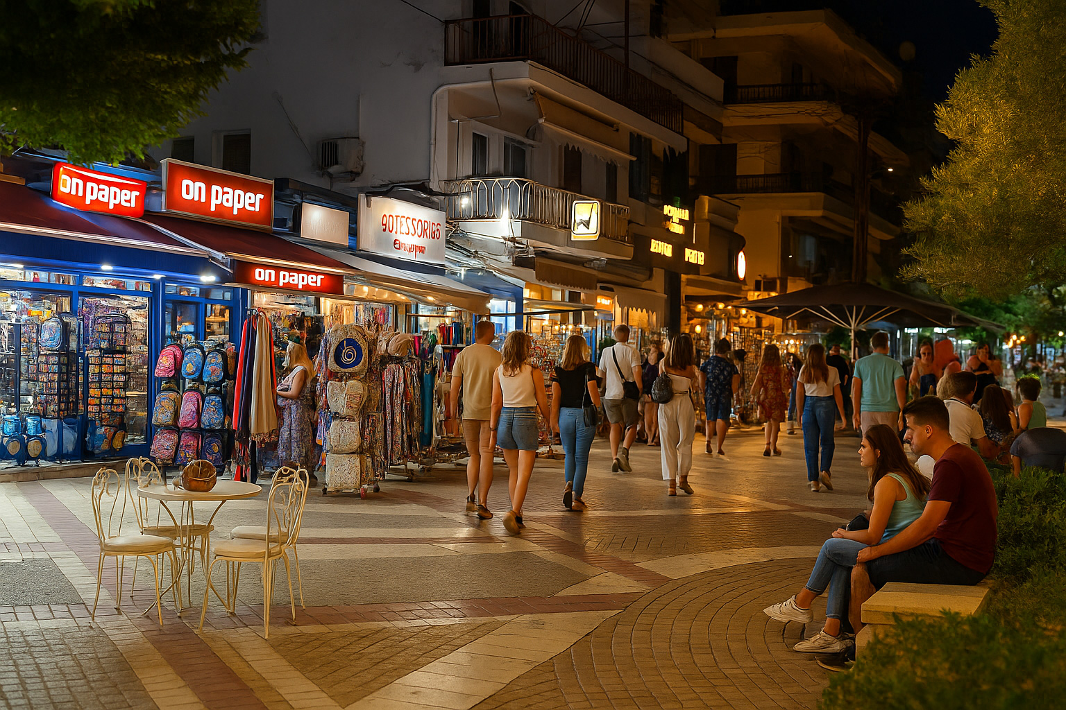 Belebte Uferpromenade in Asprovalta am Abend mit Spaziergängern, beleuchteten Geschäften und lebendiger Einkaufsatmosphäre.