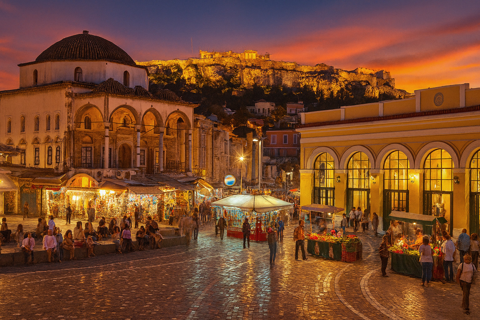 Abendstimmung am Monastiraki-Platz in Athen mit der angestrahlten Akropolis im Hintergrund, belebten Straßencafés, Marktständen und Spaziergängern.