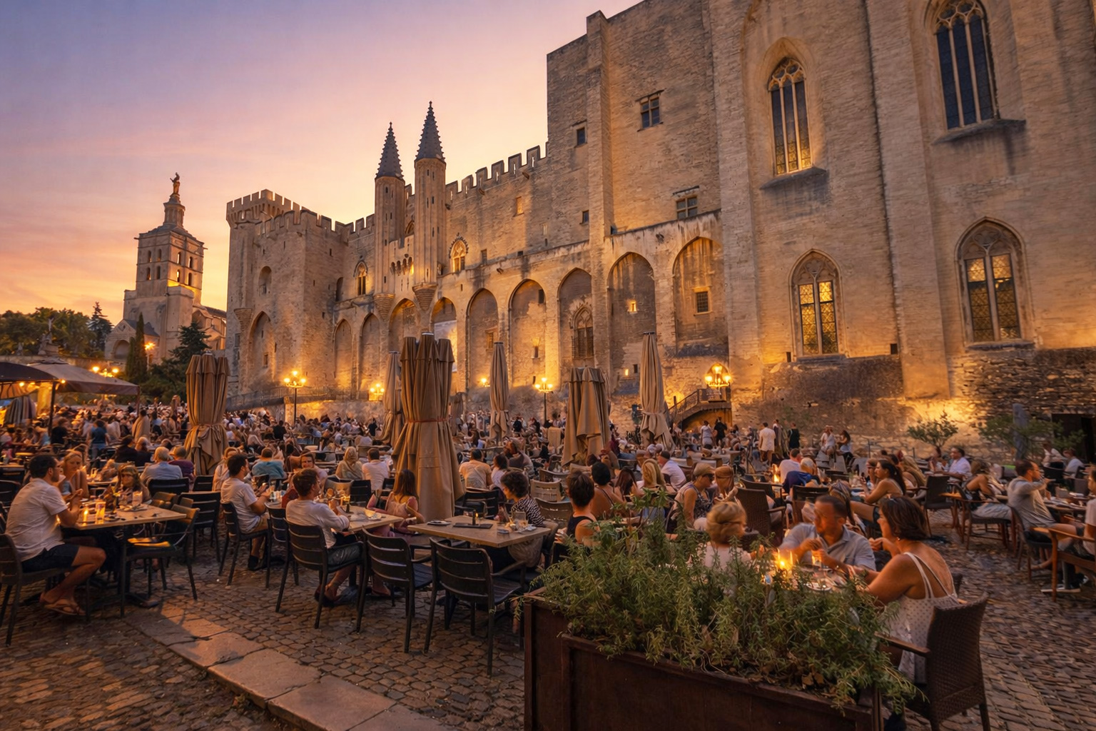 Belebtes Straßencafé an der Rue Gérard Philippe in Avignon bei Sonnenuntergang, mit vielen Gästen an Tischen auf Kopfsteinpflaster, warm beleuchteten Fenstern und Laternen vor der imposanten Fassade des Papstpalastes unter farbigem Abendhimmel.