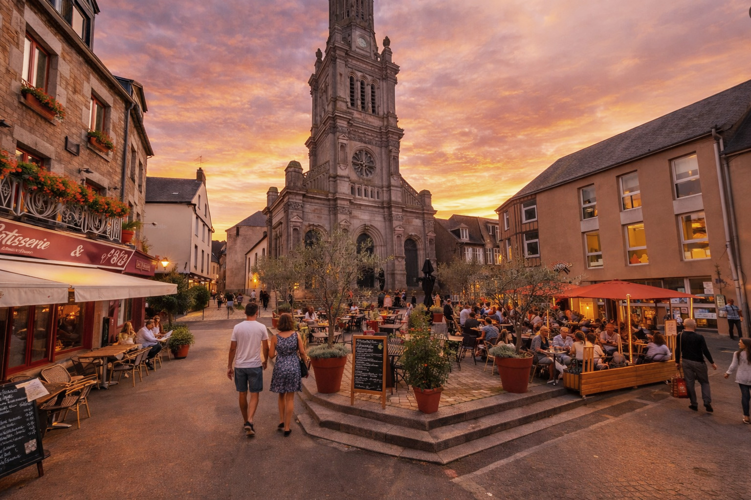 Abendstimmung an der Rue Challemel Lacour mit belebtem Straßencafé rund um den Platz, warm beleuchteten Fenstern und Schaufenstern, eingeschalteten Laternen, Spaziergängern zwischen großen Pflanzkübeln und Blick auf die markante Kirche im Hintergrund bei Sonnenuntergang