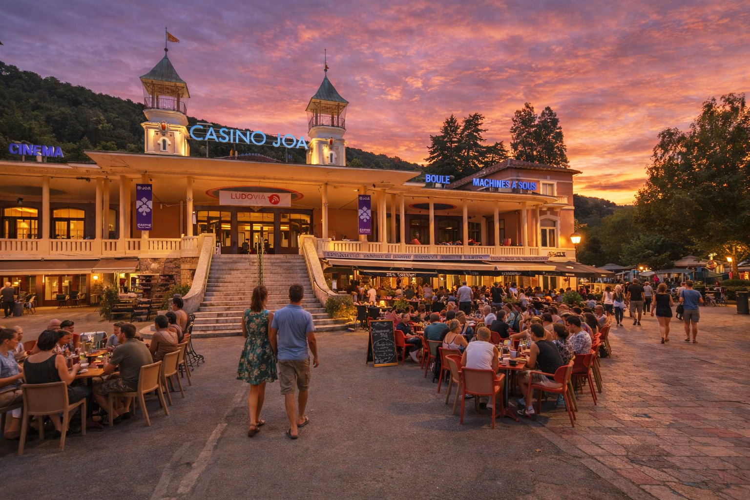 Abendstimmung an der Promenade Paul Salette in Ax-les-Thermes vor dem Casino JOA bei Sonnenuntergang, mit belebtem Straßencafé rechts ohne Schirme, warm erleuchteten Fenstern und eingeschalteter Beleuchtung, während Spaziergänger über den Platz vor dem Gebäude mit den zwei Türmen flanieren.