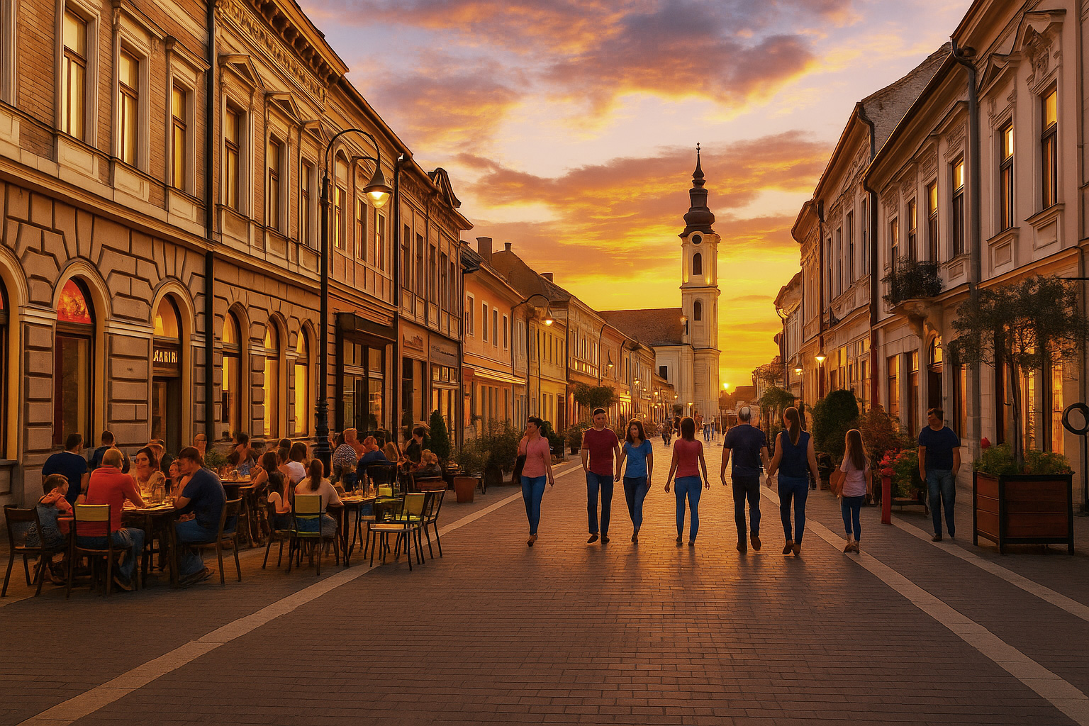 Abendstimmung in der Fußgängerzone der Altstadt von Baja mit Spaziergängern, beleuchtetem Straßencafé auf der linken Seite, historischen Gebäuden und der Kirche im Hintergrund unter farbenprächtigem Sonnenuntergang.