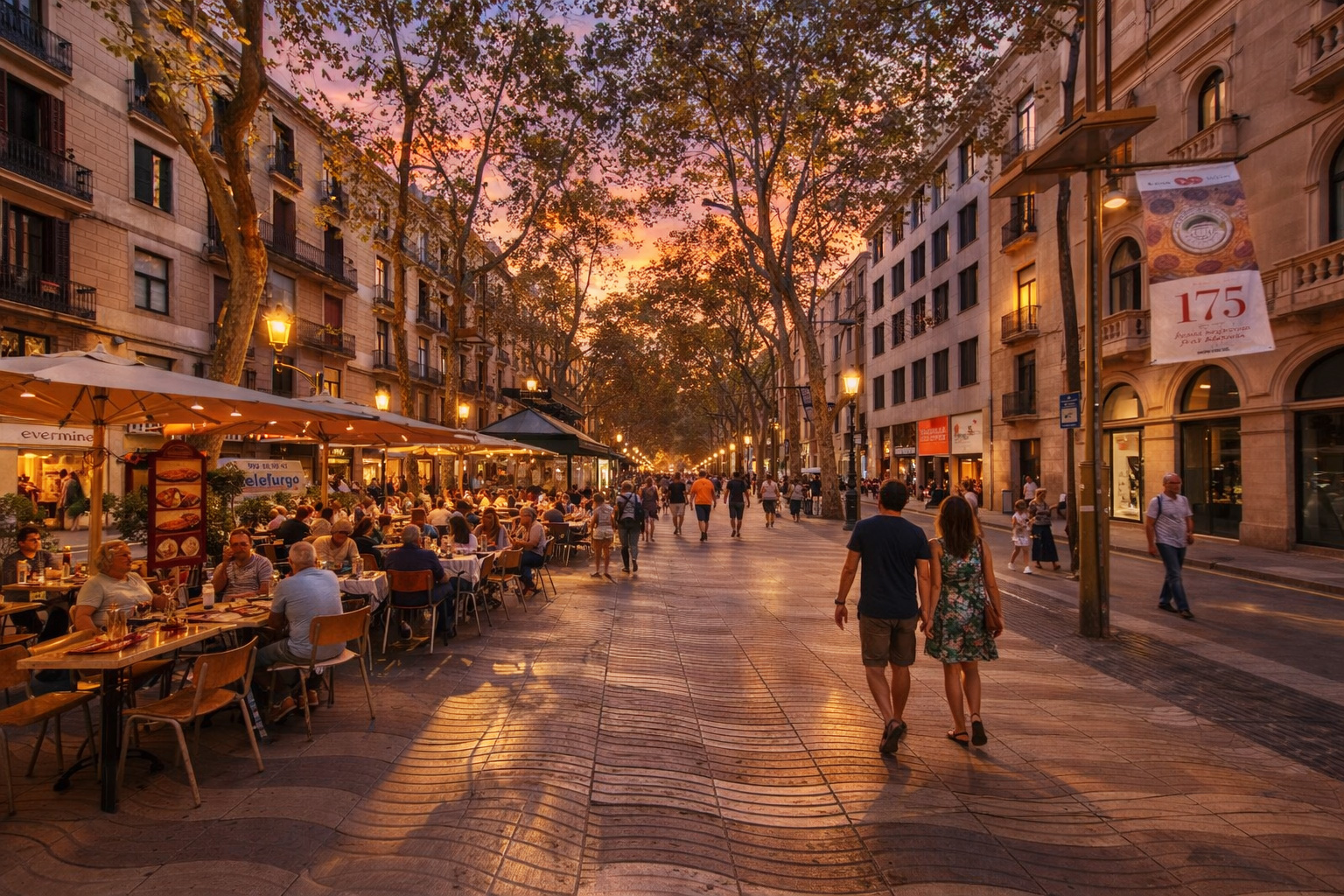 Lebendige Abendstimmung auf der Rambla dels Caputxins in Barcelona bei Sonnenuntergang, mit belebtem Straßencafé auf der linken Seite, warm beleuchteten Fassaden und Laternen sowie mehreren Spaziergängern, die zwischen den schattigen Platanen über die breite Promenade flanieren.