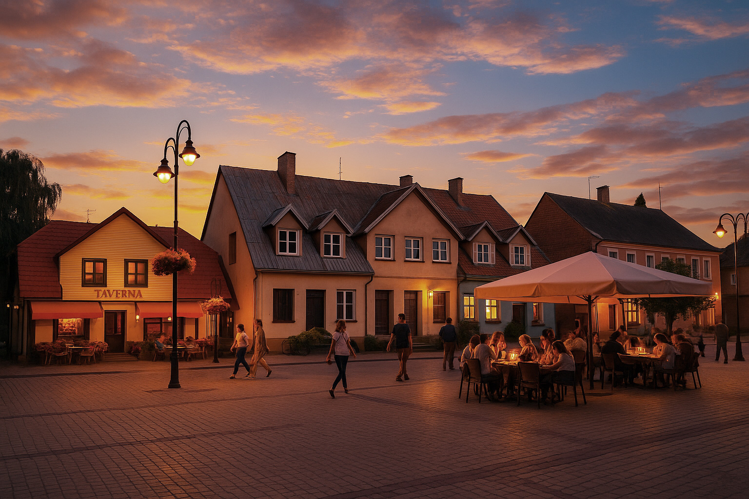 Früher Abend am Dorfplatz in Bauska mit Straßencafé, Spaziergängern und warmem Himmel mit malerischen Wolken.