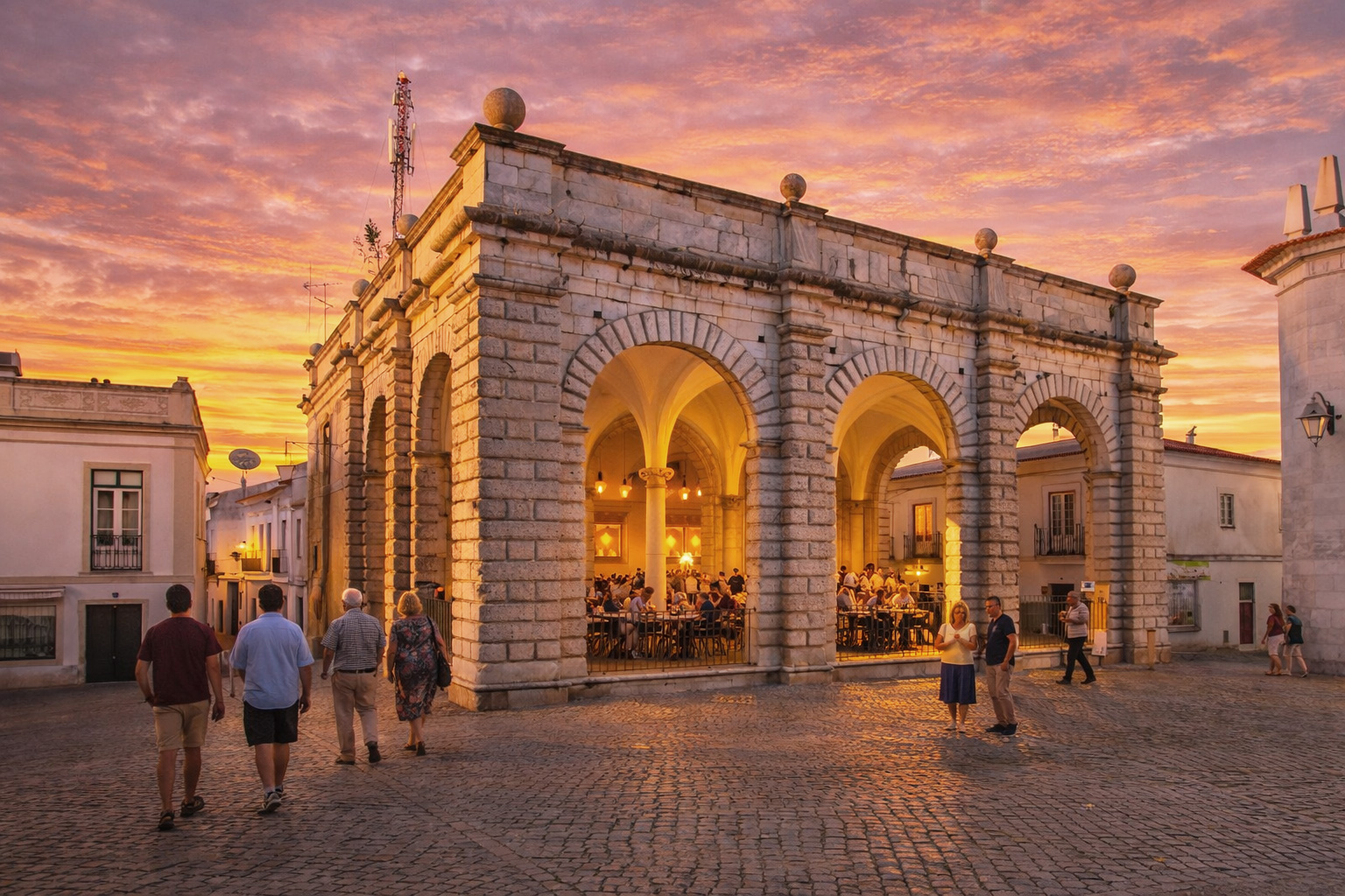 Praça da República in Beja bei Sonnenuntergang mit dem historischen Torbau aus Stein, warm beleuchtetem Café im Inneren der Arkaden, goldenen Laternenlichtern und mehreren Spaziergängern auf dem kopfsteingepflasterten Platz.