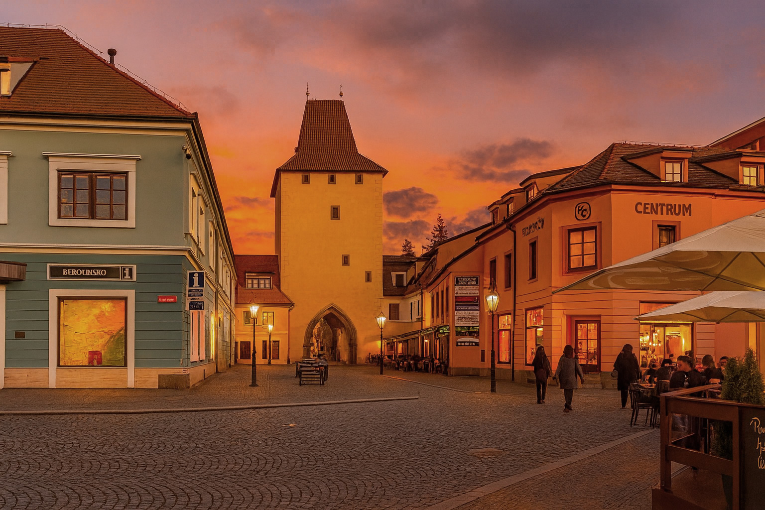 Abendstimmung in der Altstadt von Beroun mit dem Plzeňská brána Stadttor, beleuchtetem Straßencafé, erleuchteten Fenstern und Spaziergängern in warmem Sonnenuntergangslicht.