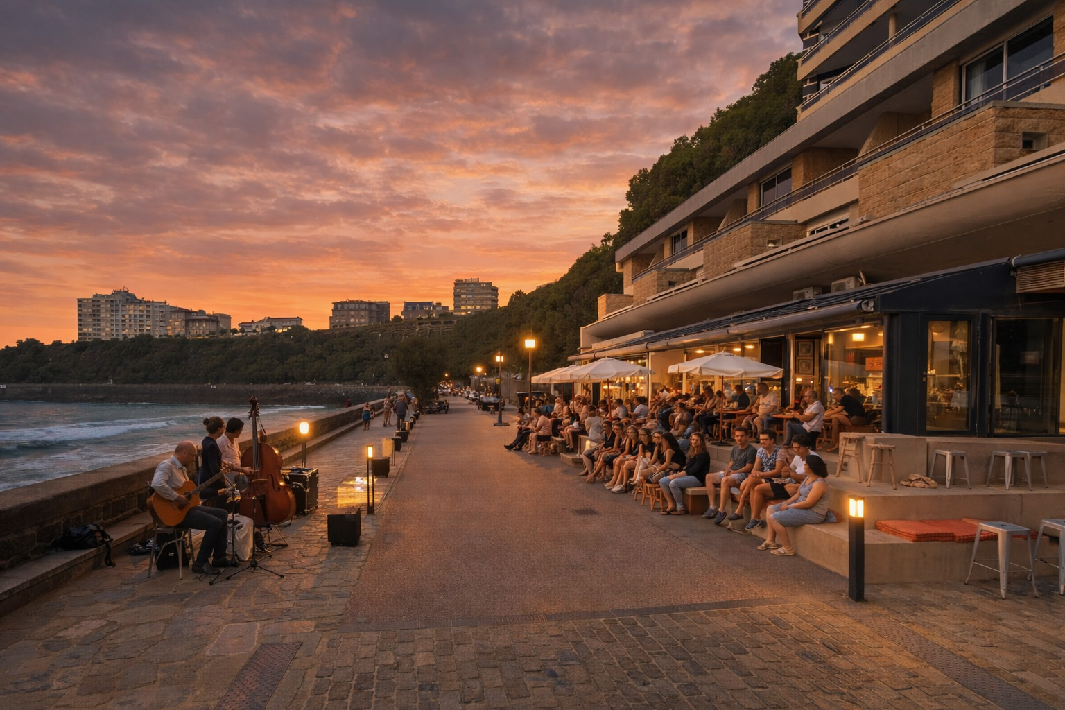 Belebte Abendpromenade am Bd du Prince de Galles mit sitzenden Cafébesuchern auf den Stufen, warm beleuchteten Fenstern und Schirmen, eingeschalteten Laternen sowie einer Jazzband, die links am Meer spielt, bei Sonnenuntergang