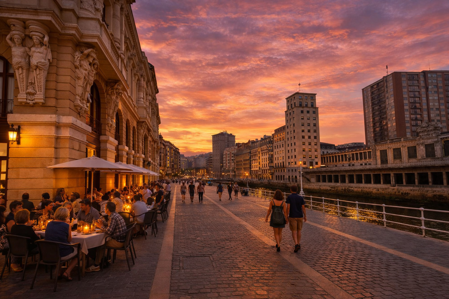 Sonnenuntergang über der Flusspromenade mit prächtiger Theaterfassade; links ein belebtes Straßencafé mit Tischen, Schirmen und warmem Kerzenlicht, eingeschaltete Laternen und mehrere Spaziergänger entlang des Geländers mit Blick auf die Stadtgebäude am Ufer