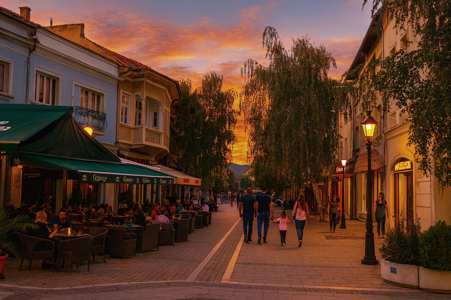 Abendstimmung in der Fußgängerzone von Blagoewgrad mit Spaziergängern, belebtem Straßencafé und stimmungsvoller Beleuchtung.