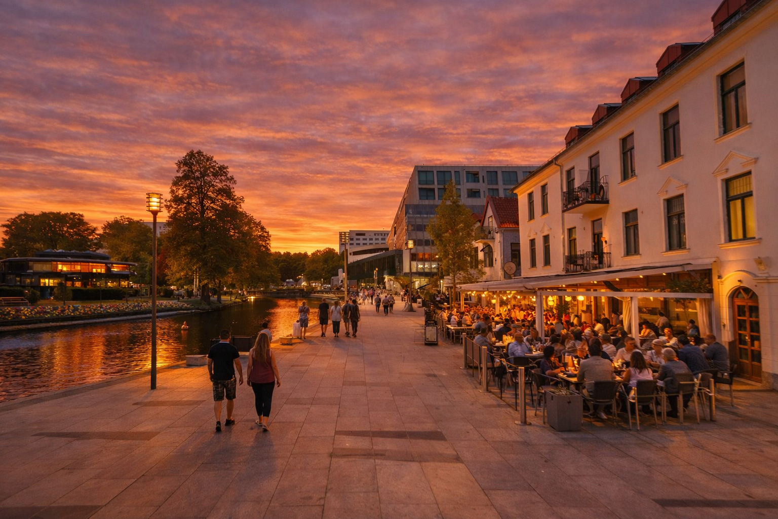 Sandwalls Plats in Borås bei Sonnenuntergang mit breiter Uferpromenade am Fluss, warm beleuchteten Fenstern und eingeschalteter Straßenbeleuchtung, belebtem Straßencafé auf der linken Seite mit vielen Gästen unter heller Überdachung sowie Spaziergängern entlang des gepflasterten Weges, Bäumen und moderner Architektur im Hintergrund vor orangefarbenem Abendhimmel