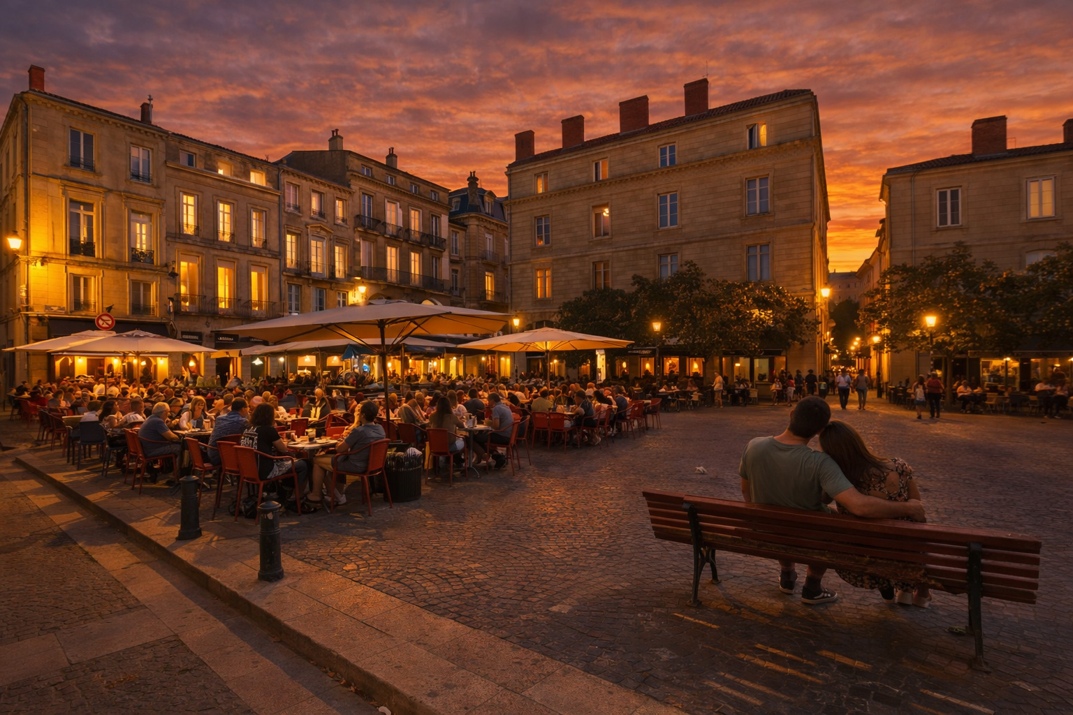 Belebter Platz an der Rue Saint-Siméon mit voll besetztem Straßencafé unter großen Sonnenschirmen, warm beleuchteten Fenstern in den historischen Steinfassaden, eingeschalteten Laternen und einem Pärchen auf der Bank im Vordergrund bei Sonnenuntergang