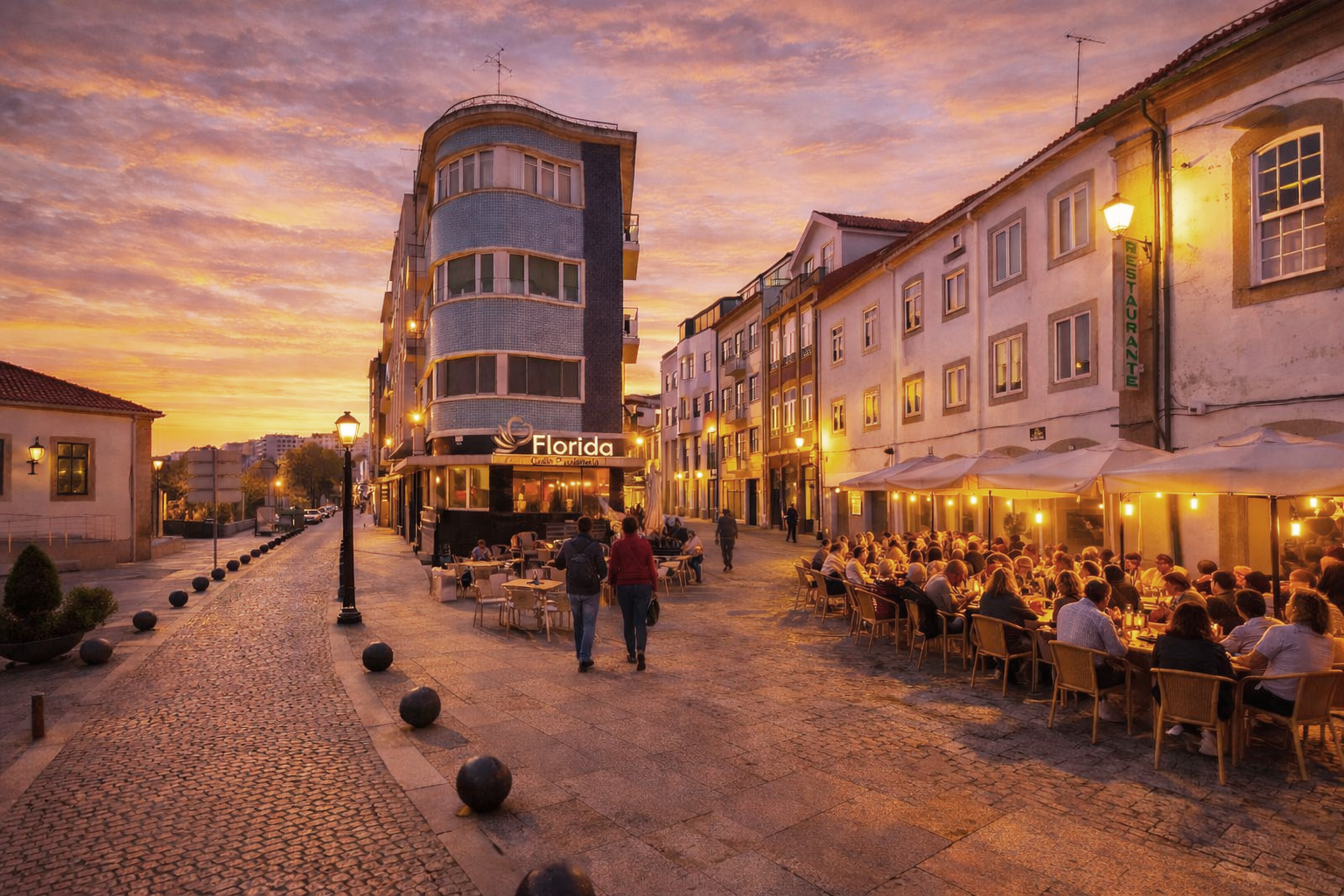 Breite Altstadtstraße mit markantem Eckgebäude, warmem Sonnenuntergangshimmel, eingeschalteten Laternen, beleuchteten Fenstern und belebtem Straßencafé mit Gästen sowie Spaziergängern