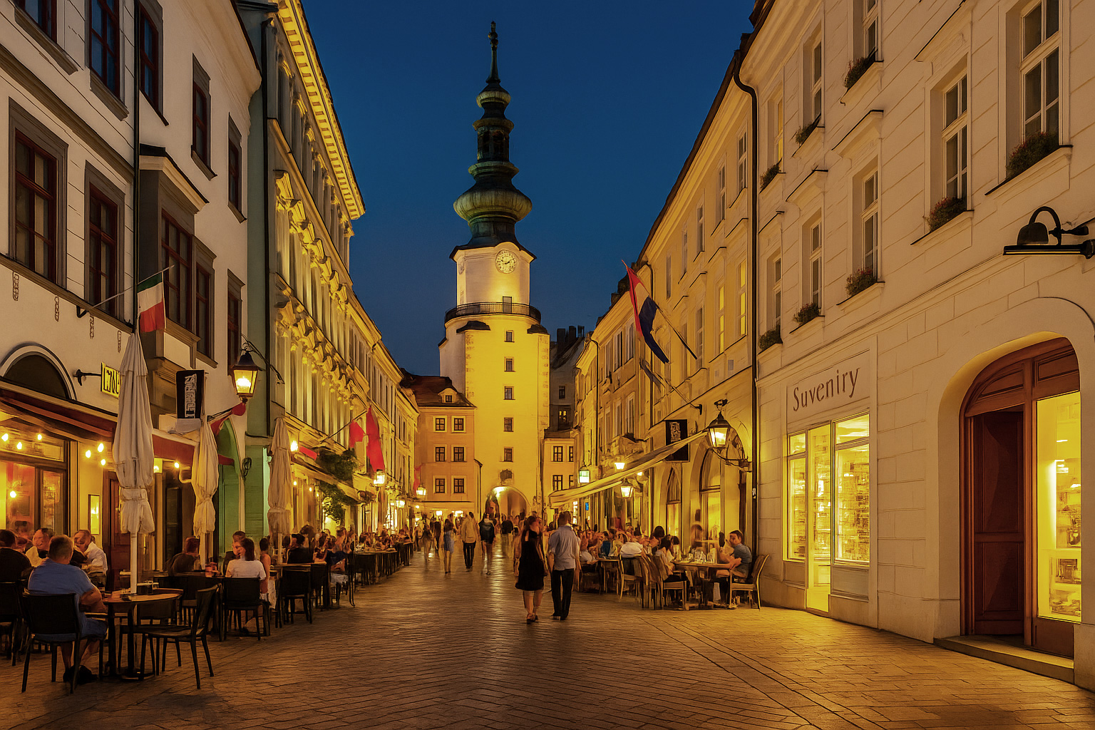 Abendstimmung in der Altstadt von Bratislava mit beleuchtetem Michaelertor, lebendigen Straßencafés, erleuchteten Schaufenstern und Spaziergängern in historischer Kulisse.
