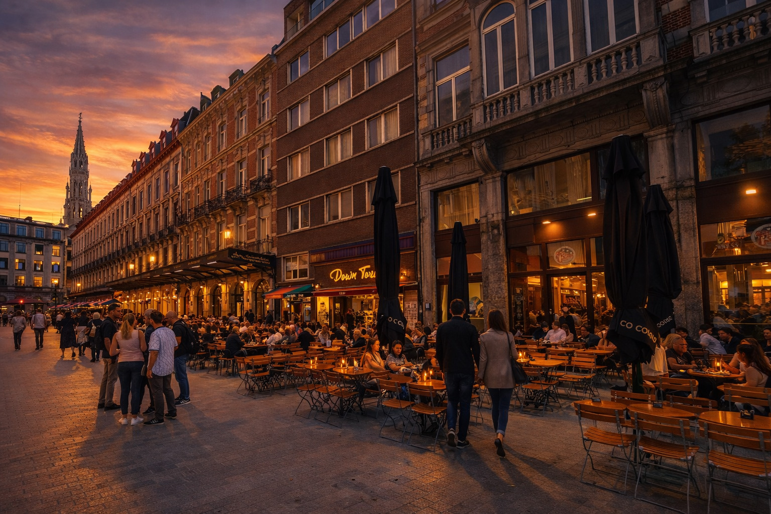 Belebte Fußgängerzone mit historischen Backstein- und Natursteinfassaden, dicht gereihte Straßencafés mit Holzstühlen, warmes Licht aus Fenstern und Schaufenstern, eingeschaltete Straßenlaternen und zahlreiche Spaziergänger im goldenen Licht des Sonnenuntergangs.