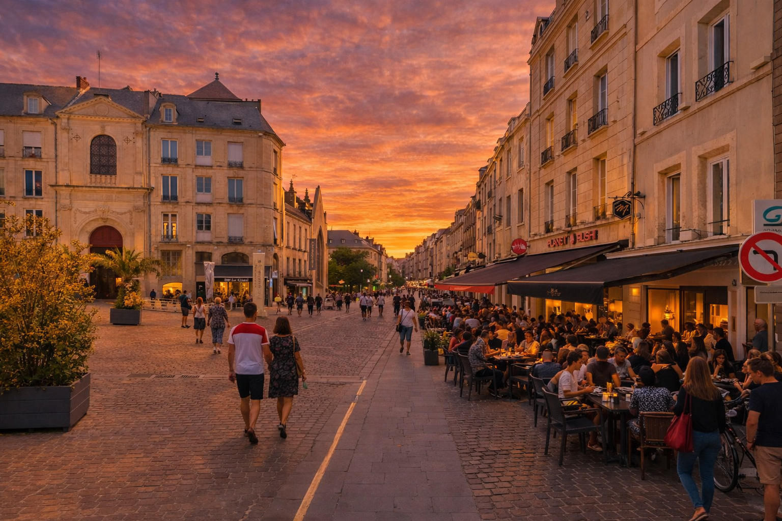 Abendstimmung auf dem Pl. Saint-Sauveur mit belebtem Straßencafé rechts unter Markisen, warm beleuchteten Fenstern und Schaufenstern der hellen Fassaden, vielen Spaziergängern auf dem Kopfsteinpflaster und leuchtendem Sonnenuntergangshimmel über der Altstadt