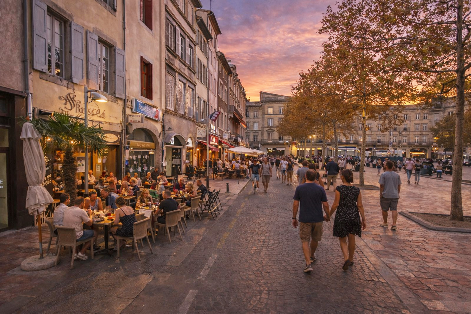 Abendstimmung auf der Place Carnot in Carcassonne mit belebtem Straßencafé links voller Gäste, warm beleuchteten Schaufenstern und eingeschalteter Straßenbeleuchtung, während Spaziergänger über den offenen Platz unter einem farbigen Sonnenuntergangshimmel flanieren.