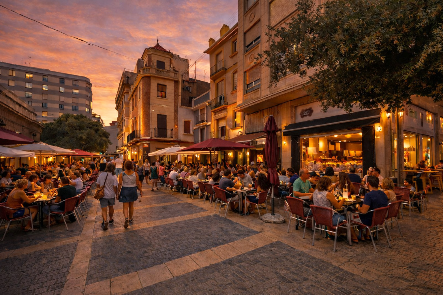 Sonnenuntergangsstimmung an der Plaça de la Pescateria in Castelló de la Plana mit lebhaften Straßencafés voller Gäste, warm leuchtenden Schaufenstern und eingeschalteter Straßenbeleuchtung, während Spaziergänger über die breite Fußgängerzone zwischen den Gebäudefassaden flanieren.
