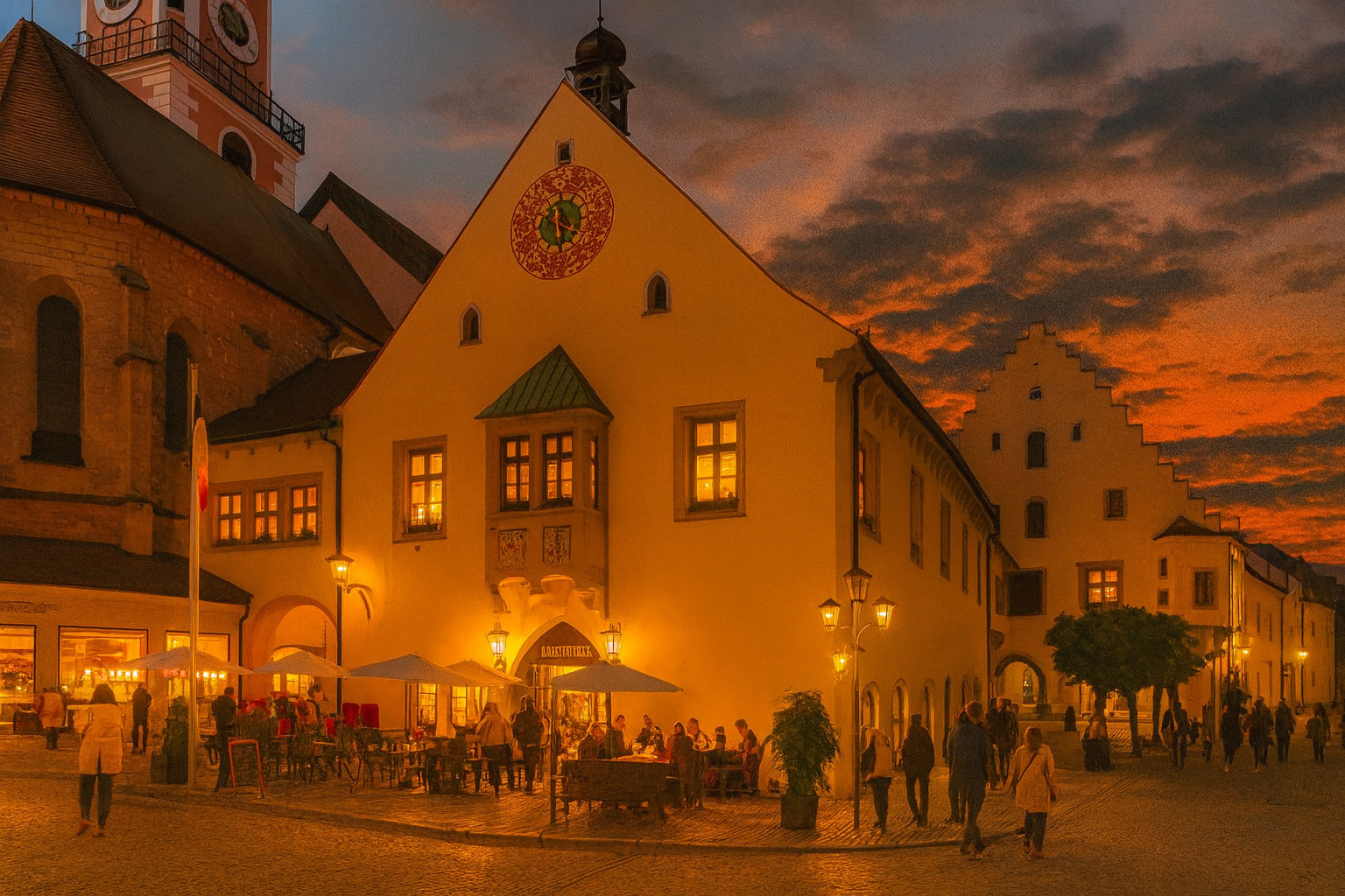 Abendstimmung in Cham mit traditionellem Wirtshaus, beleuchtetem Straßencafé, erleuchteten Fenstern und zahlreichen Menschen, die vor dem Gebäude sitzen und durch die Altstadt spazieren.