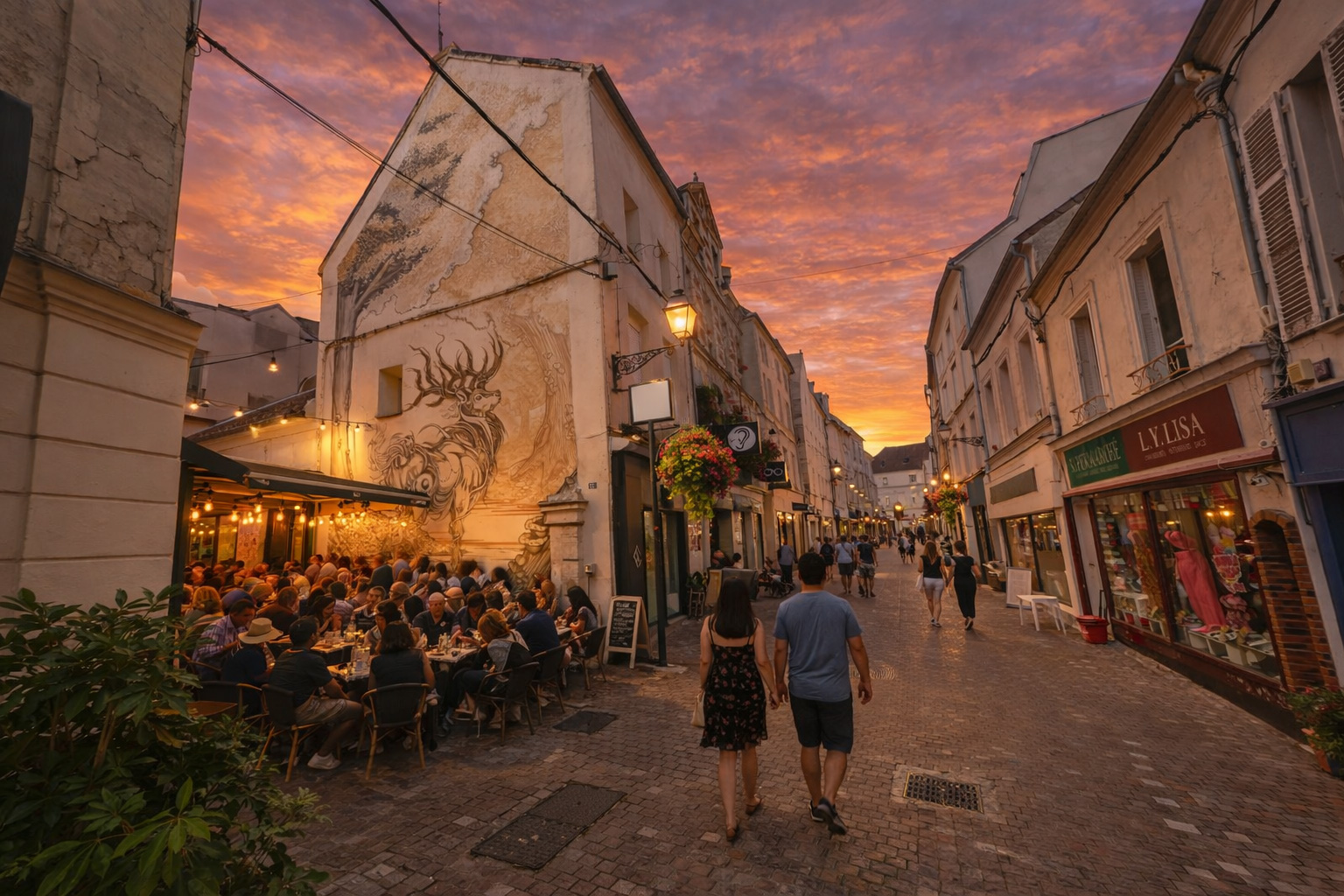 Abendstimmung in der Grande Rue mit warm beleuchtetem Straßencafé links in der Häuserlücke, leuchtenden Schaufenstern und Fenstern, eingeschalteten Laternen, Spaziergängern auf dem Kopfsteinpflaster und großem Wandgemälde an der Hausfassade unter einem farbigen Sonnenuntergangshimmel