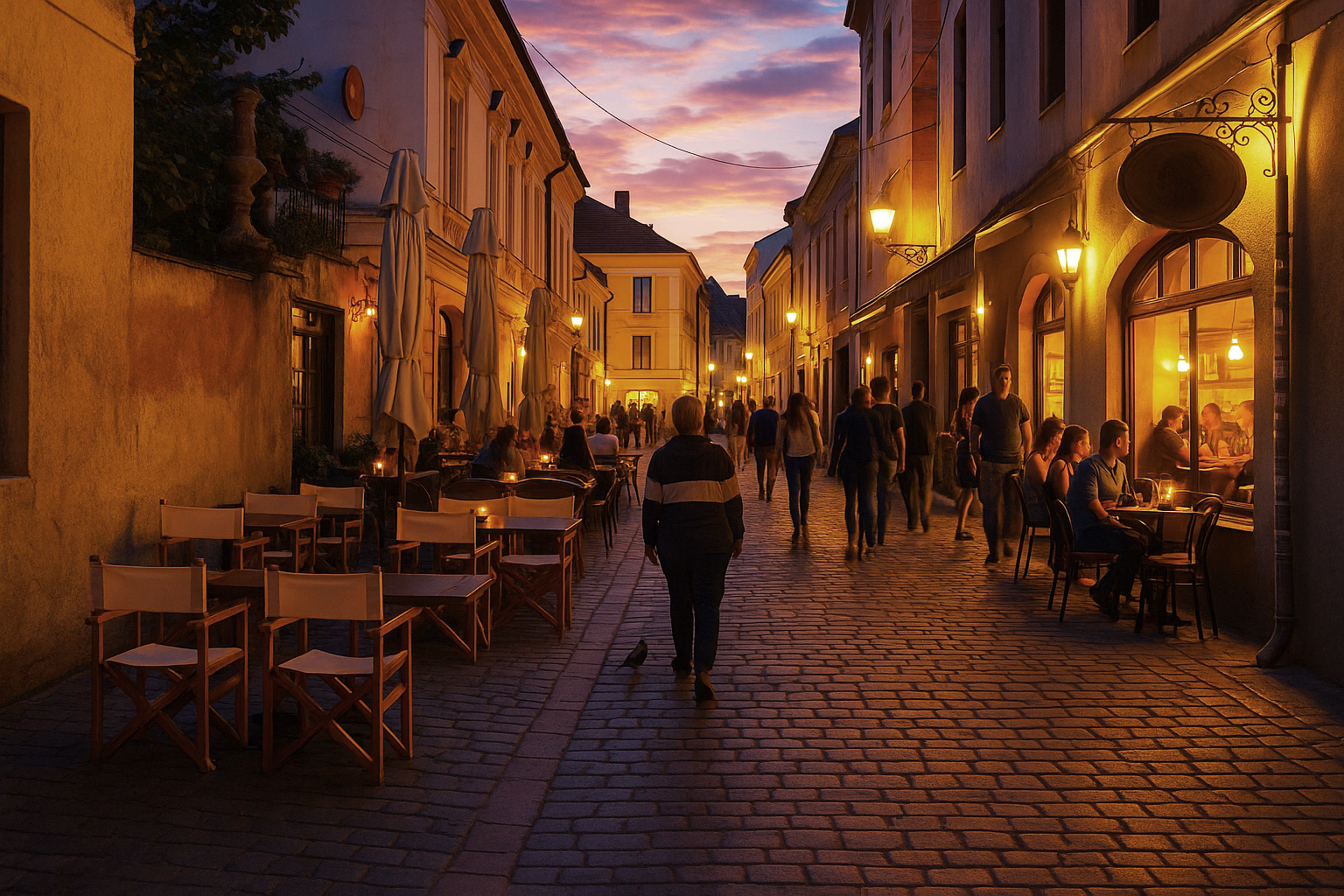 Fußgängerzone in Cluj-Napoca am Abend mit hell beleuchteten Straßencafés, Spaziergängern und warmem Umgebungslicht unter farbigem Sonnenuntergangshimmel.