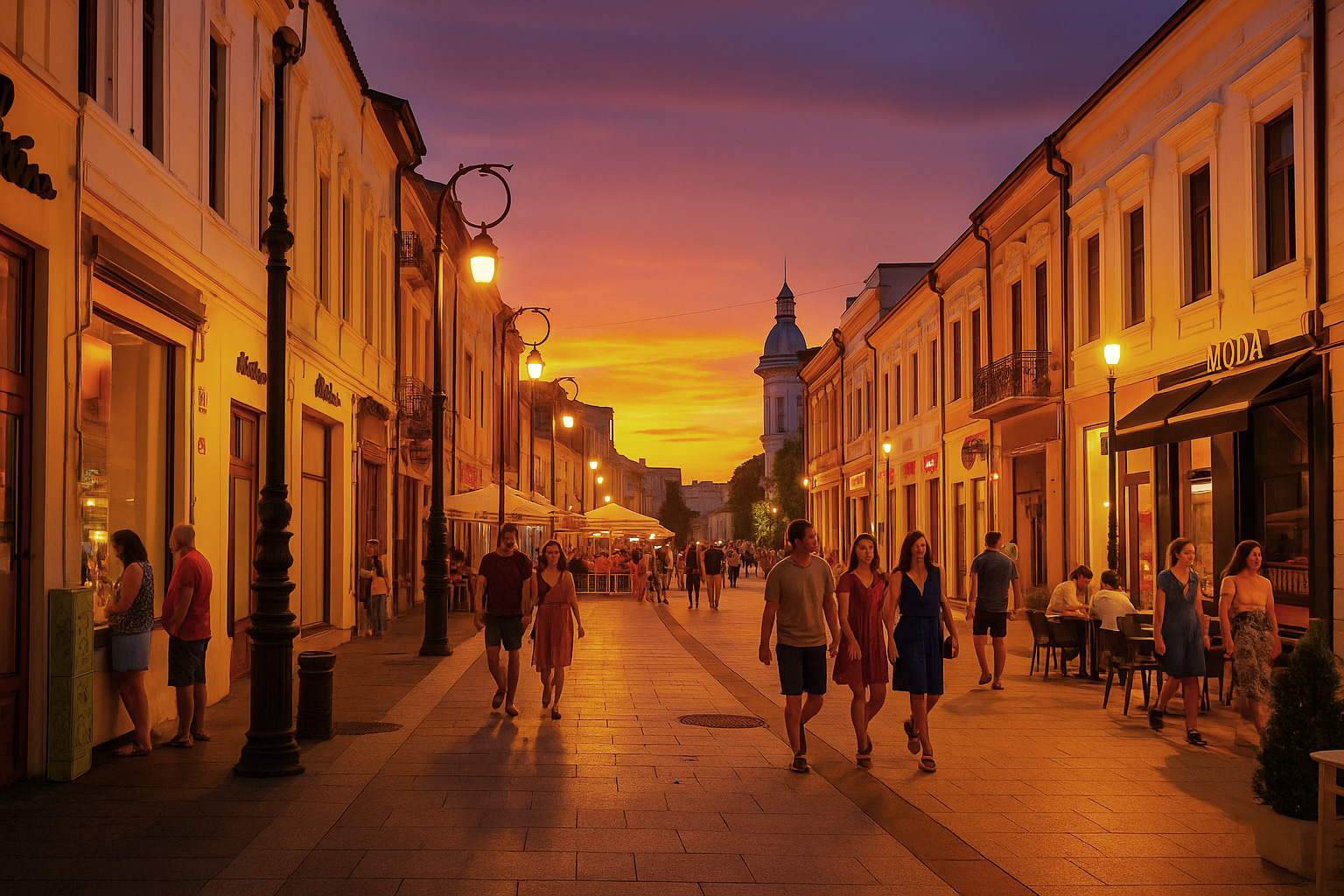Abendstimmung in der Fußgängerzone von Craiova mit beleuchteten Schaufenstern, Straßenlaternen, Straßencafés und Spaziergängern im warmen Licht des Sonnenuntergangs.