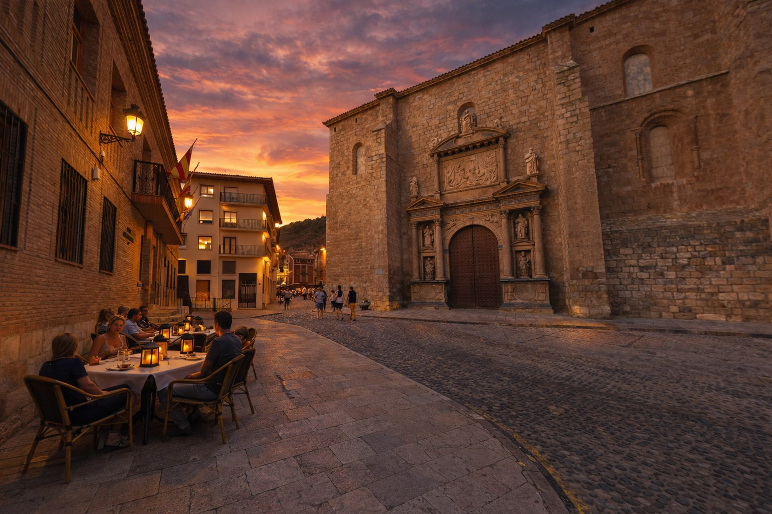 Sonnenuntergang über einem historischen Platz mit barocker Kirchenfassade aus Naturstein; warm leuchtende Straßenlaternen und beleuchtete Fenster, links ein Straßencafé an der Mauer mit Gästen, mehrere Spaziergänger auf dem Kopfsteinpflaster