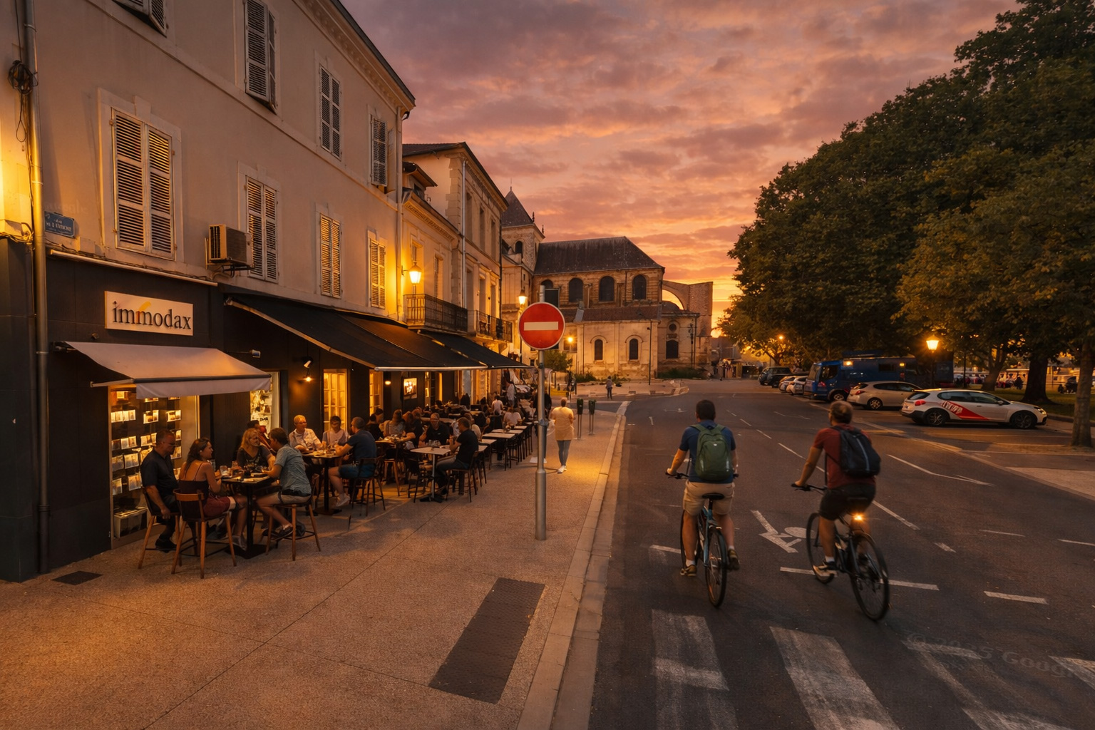 Belebtes Straßencafé an der Rue de l'Évêché mit beleuchteten Fenstern und Markisen, warmen Laternenlichtern, zwei Radfahrern auf der Straße und Blick auf die Kirche im Hintergrund bei Sonnenuntergang
