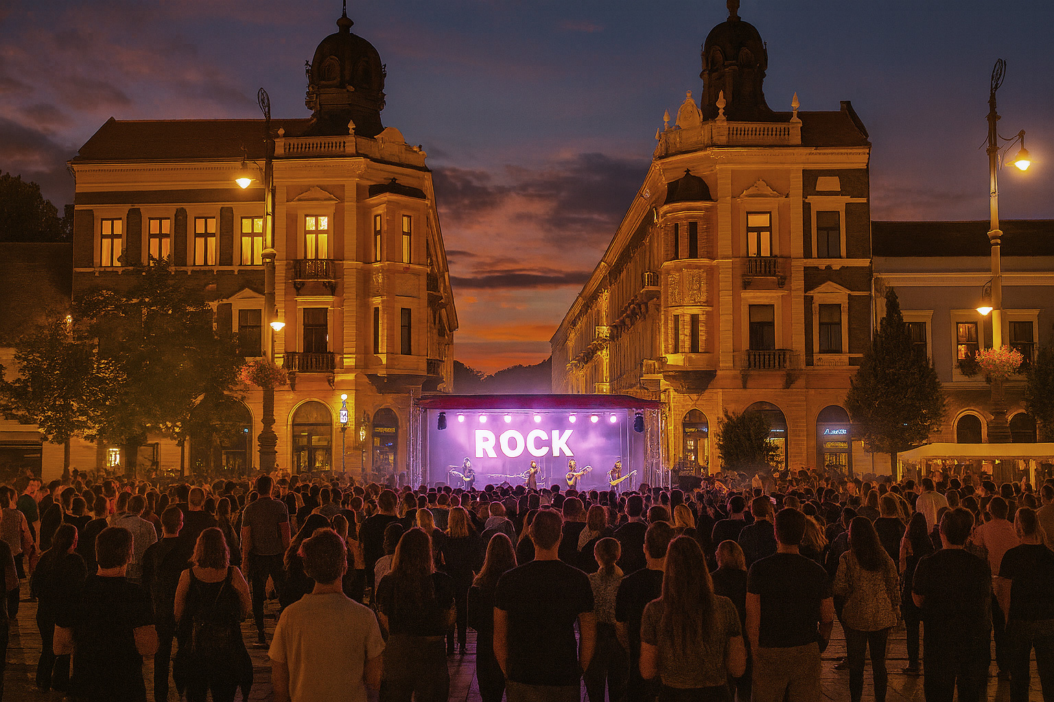 Rockkonzert auf dem Hauptplatz in Debrecen mit großer Bühne, stimmungsvoller Beleuchtung und vielen Zuschauern, umgeben von historischer Architektur.