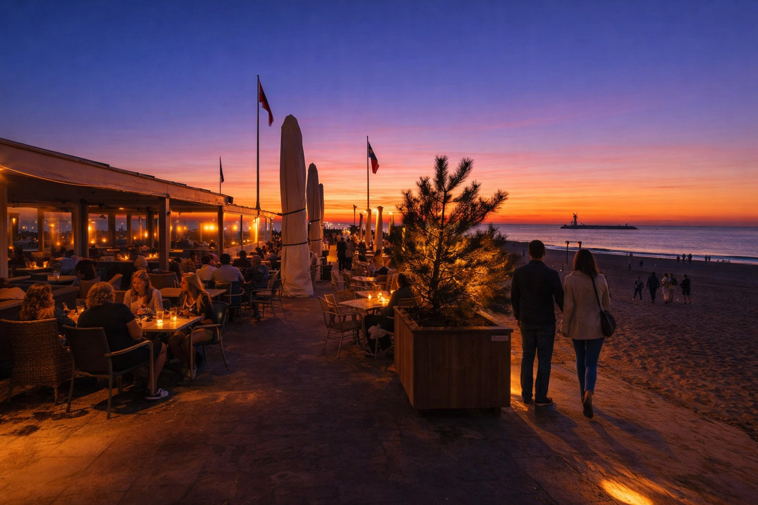 Strandpromenade mit belebtem Strandcafé auf einer Terrasse, Gäste sitzen an Tischen im warmen Licht, leuchtende Innenräume hinter Glasfronten, eingeschaltete Außenlampen, Spaziergänger am Sandstrand und ruhiges Meer unter einem farbigen Sonnenuntergangshimmel.