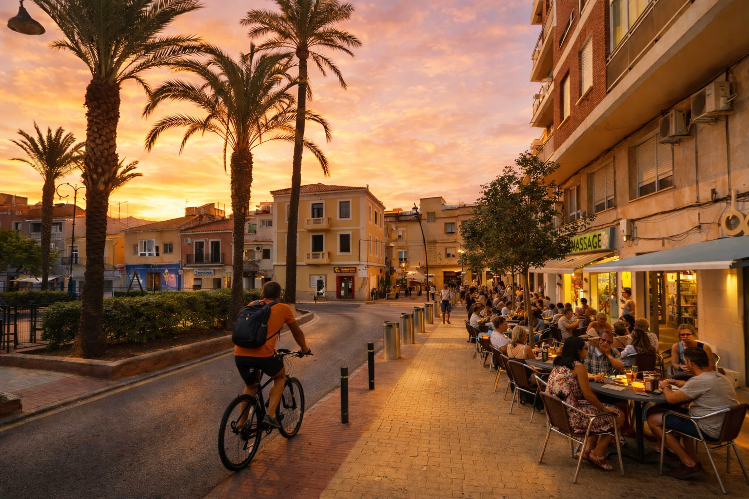 Sonnenuntergang an der Plaça Fontanella in Dénia mit Palmen und mediterranen Fassaden, einem belebten Straßencafé rechts voller Gäste mit warmem Innenlicht und eingeschalteter Beleuchtung, während Spaziergänger über den Gehweg schlendern und ein Radfahrer links auf der Straße entlangfährt.