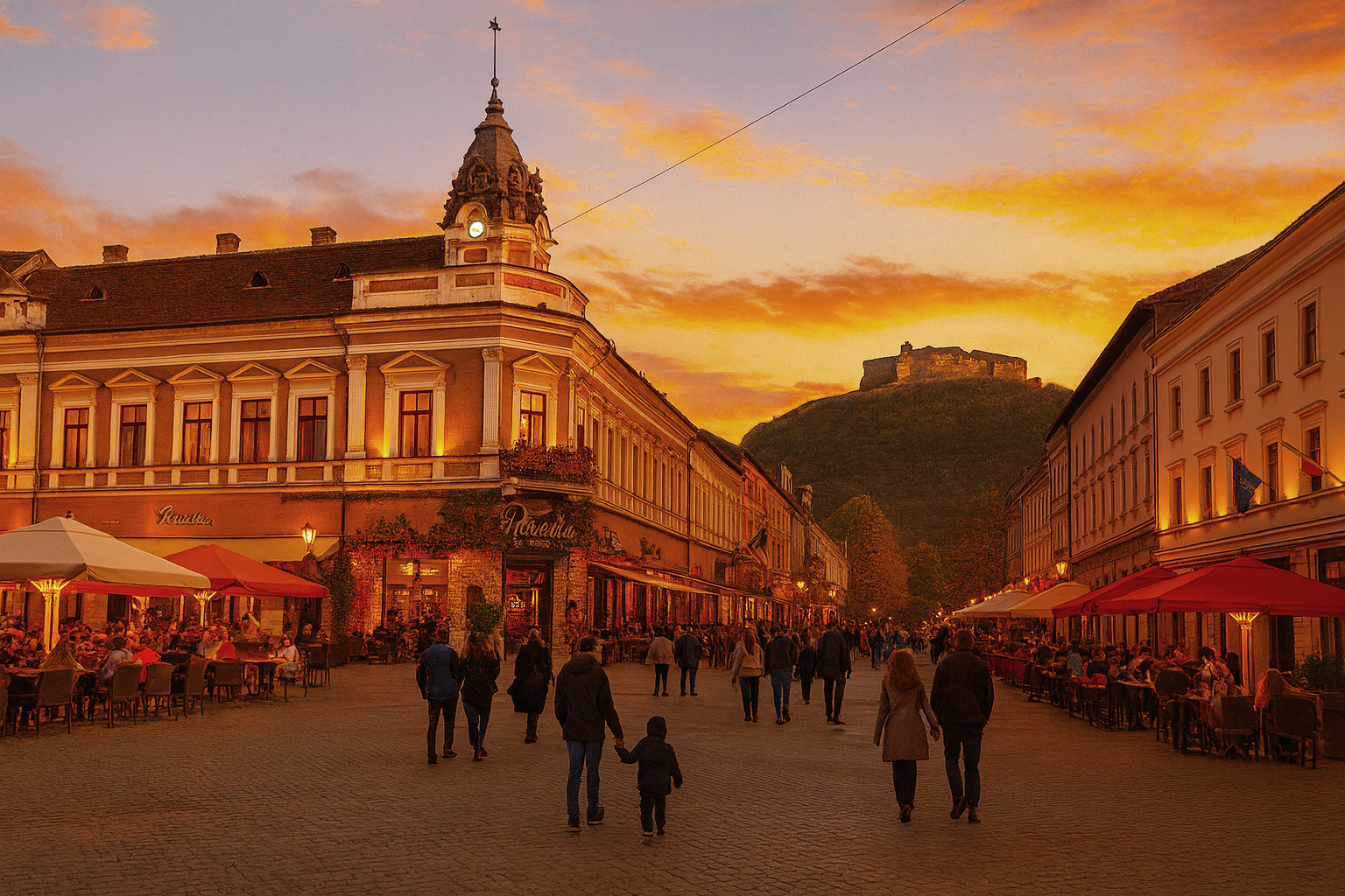 Abendstimmung in der Fußgängerzone von Diemrich mit beleuchteten Straßencafés, Spaziergängern, historischen Gebäuden und der Festung Deva im Hintergrund vor malerischem Sonnenuntergang.