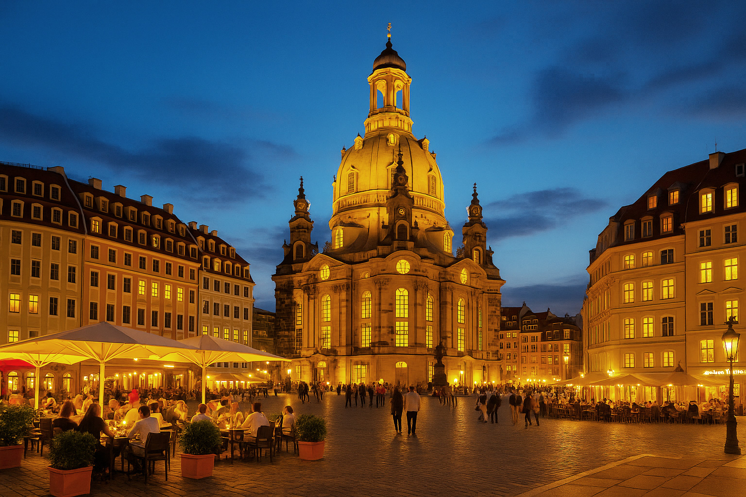 Neumarkt in Dresden am frühen Abend mit belebten Straßencafés, beleuchteten Fenstern der Gebäude und Spaziergängern auf dem Platz, im warmen Licht der Abendstimmung.