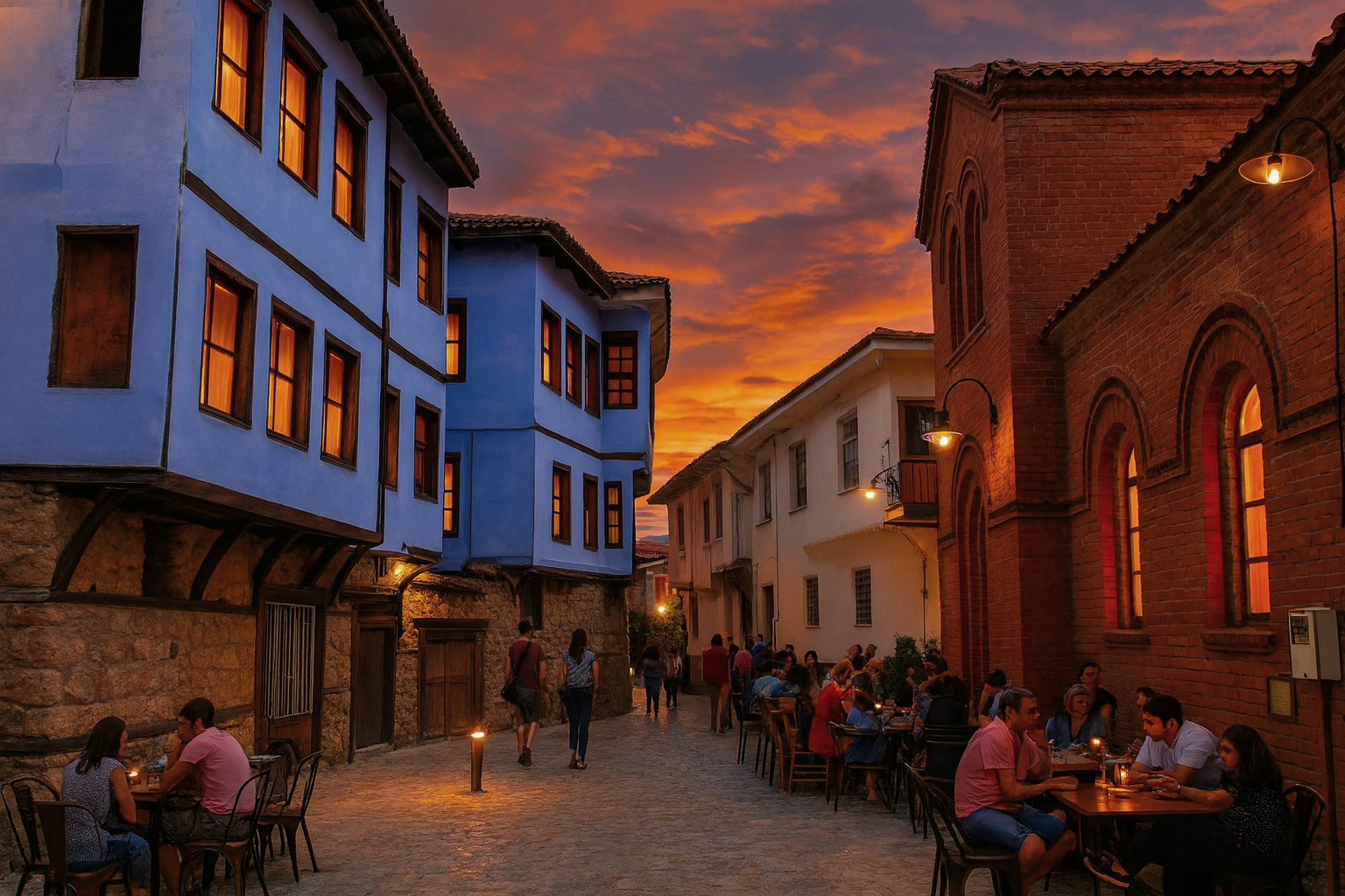 Abendstimmung in der Altstadt von Edessa mit beleuchteten historischen Gebäuden, Spaziergängern und einem belebten Straßencafé auf dem Kopfsteinpflaster.