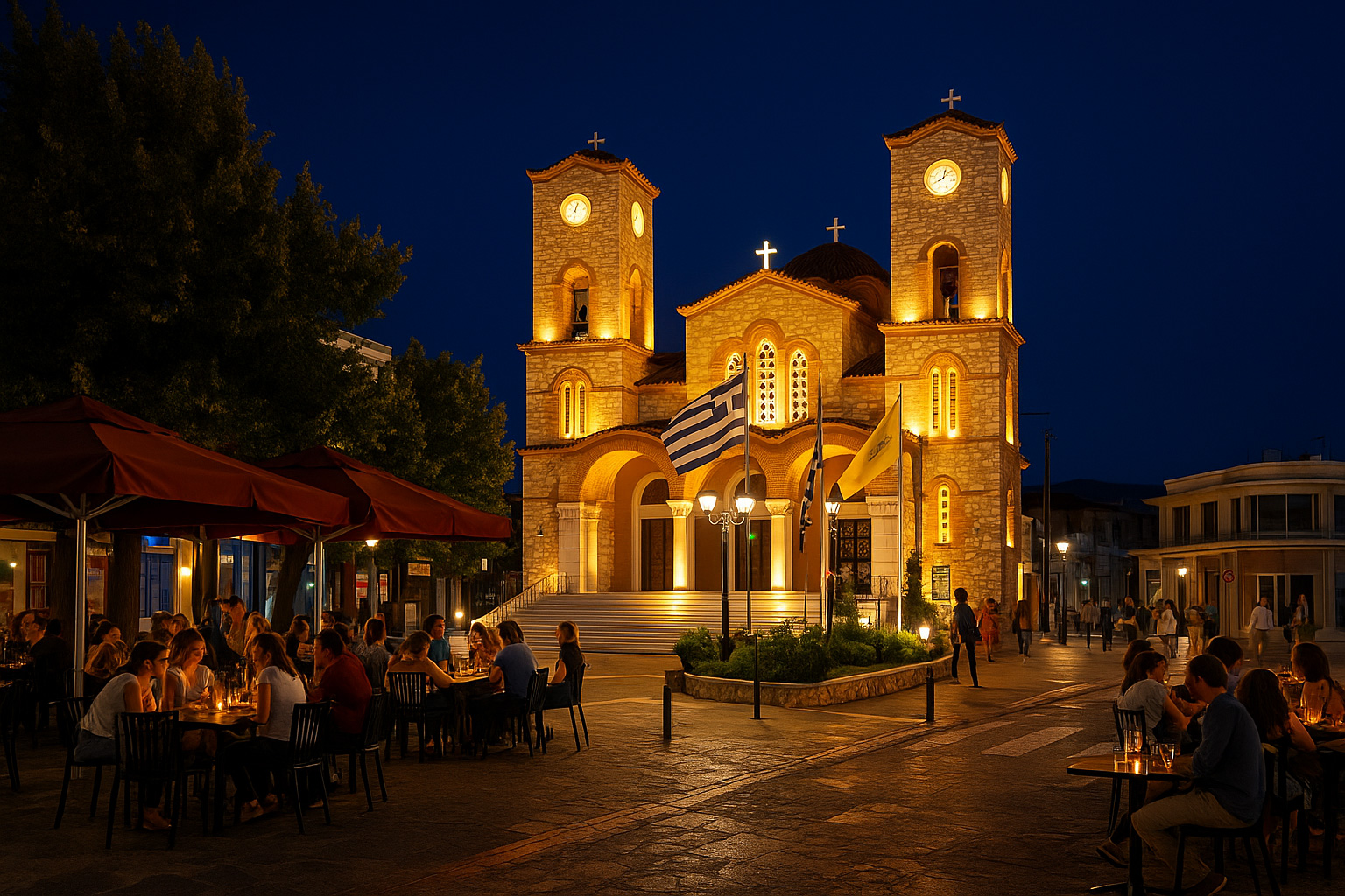 Agios Dimitrios Kirche in Elassona am Abend mit angestrahlter Fassade, beleuchtetem Straßencafé und zahlreichen Besuchern auf dem Platz.