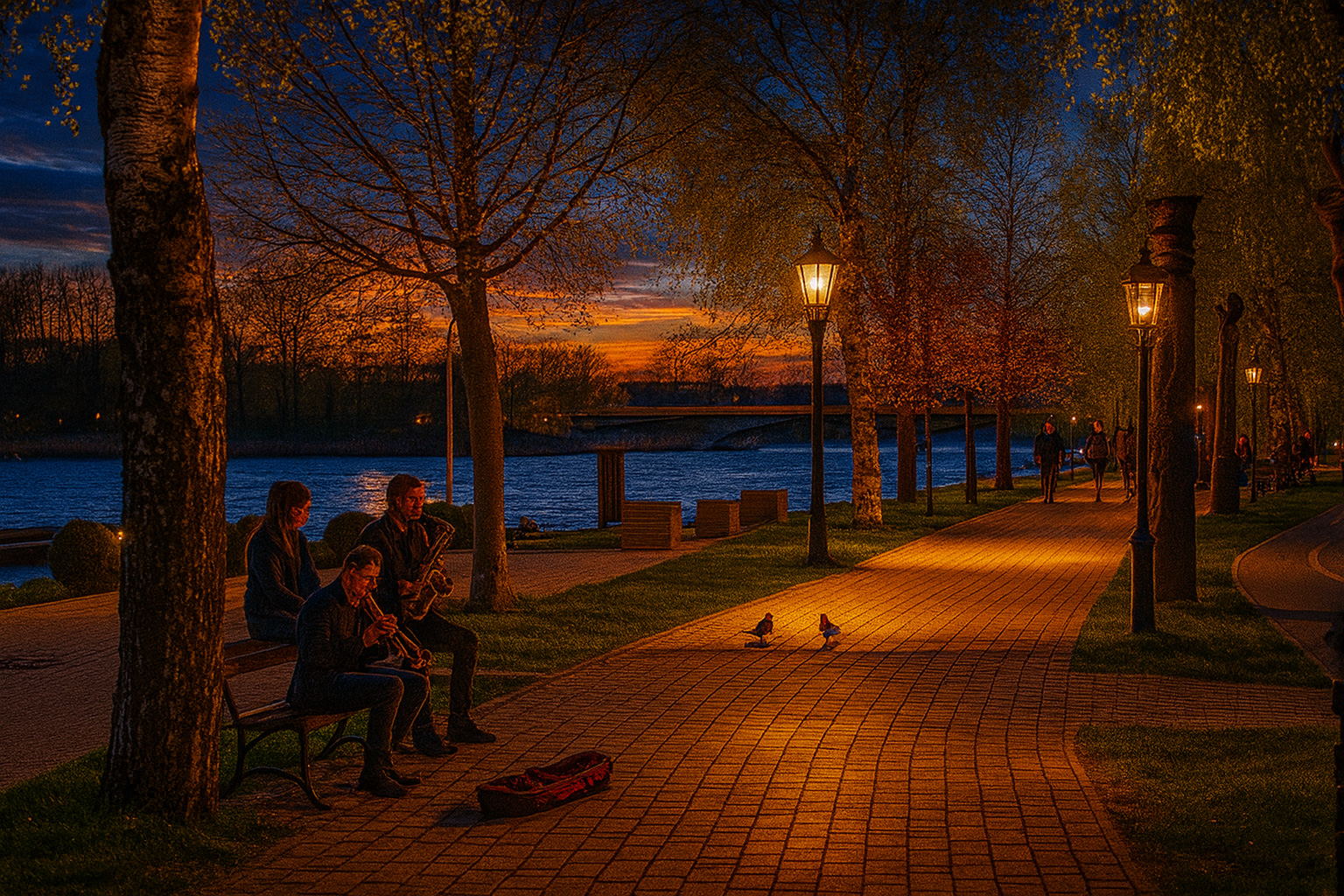Abend an der Uferpromenade von Ełk mit Spaziergängern, Laternenlicht und malerischen Wolken über dem See.