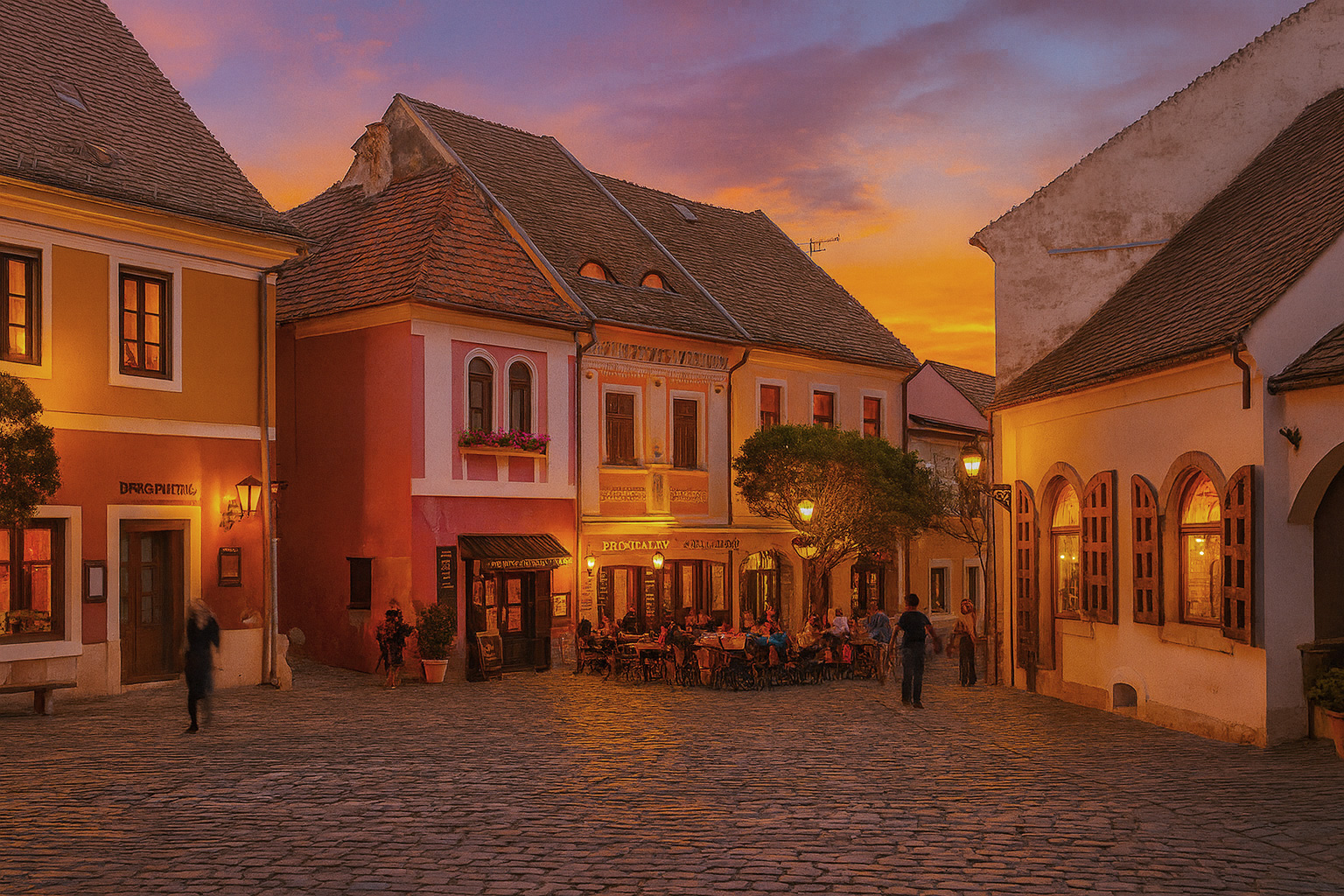 Abendstimmung in der Altstadt von Esztergom mit beleuchtetem Straßencafé, hell erleuchteten Schaufenstern, Straßenbeleuchtung und Spaziergängern vor malerischem Sonnenuntergangshimmel.